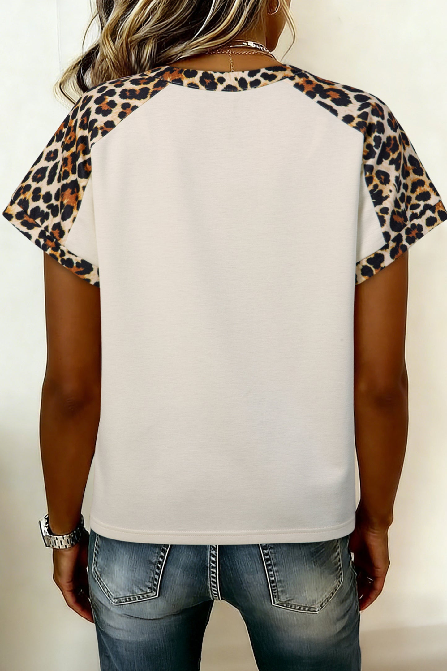 Beige Leopard Patchwork Half Button Short Sleeve Top-Tops/Tops & Tees-[Adult]-[Female]-2022 Online Blue Zone Planet