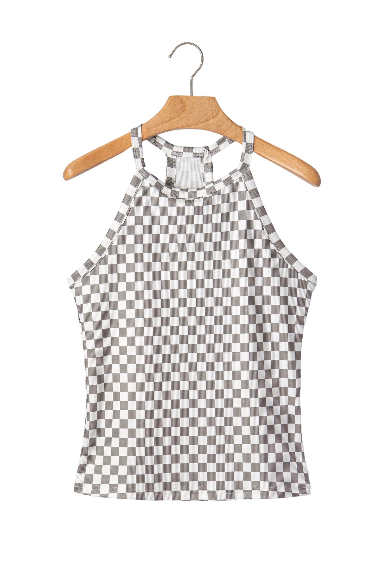 Gray Checkered Print Textured Halter Tank Top-Tops/Tank Tops-[Adult]-[Female]-2022 Online Blue Zone Planet
