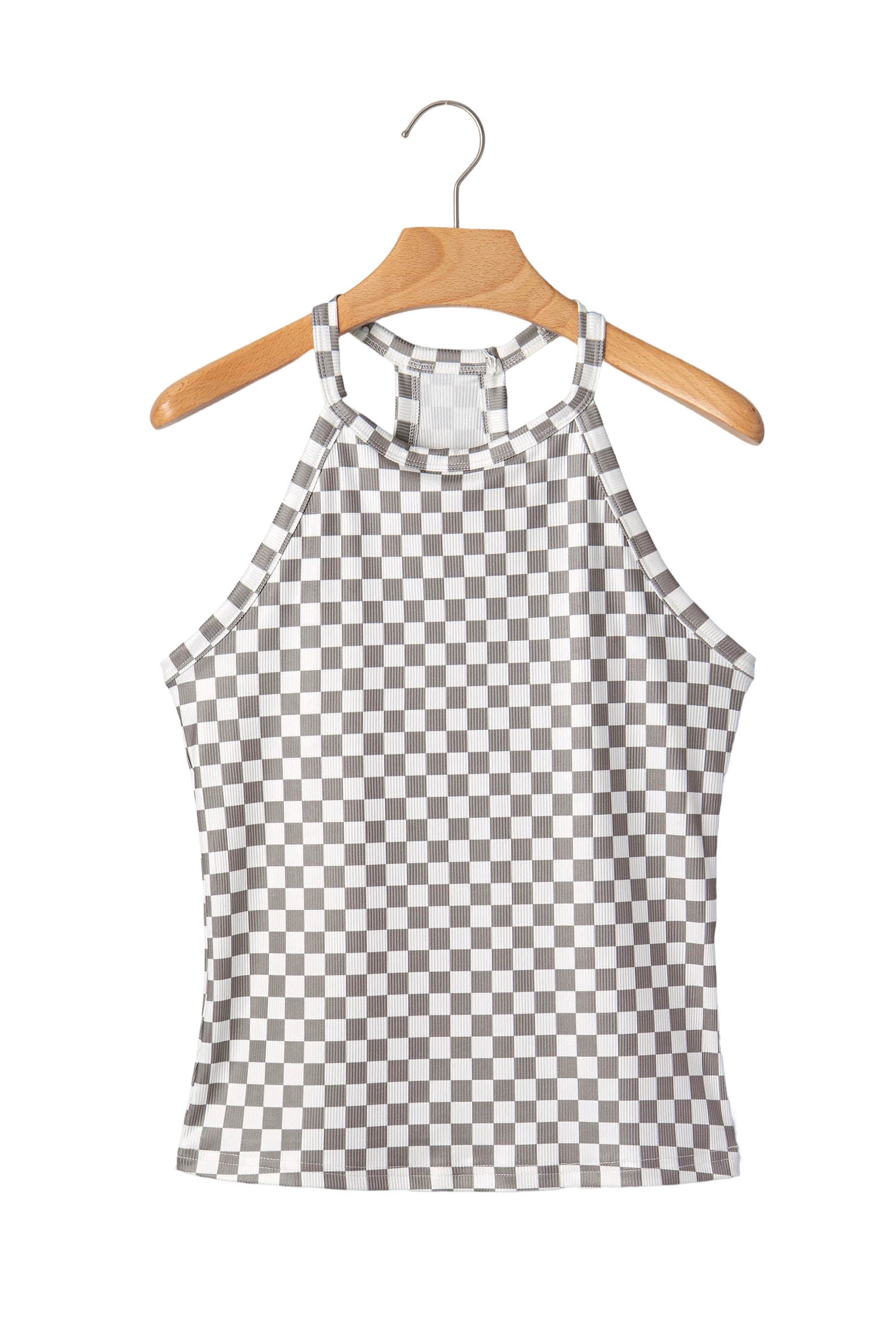 Gray Checkered Print Textured Halter Tank Top-Tops/Tank Tops-[Adult]-[Female]-2022 Online Blue Zone Planet