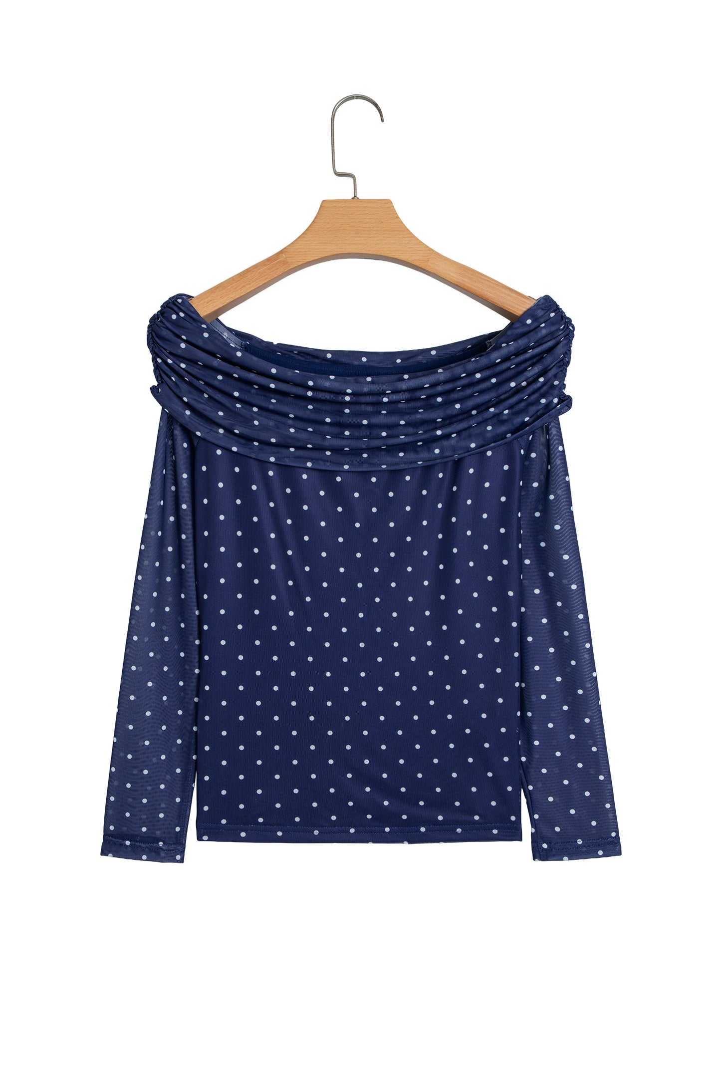 Blue Off Shoulder Polka Dot Mesh Long Sleeve Sheath Top-Tops/Long Sleeve Tops-[Adult]-[Female]-2022 Online Blue Zone Planet