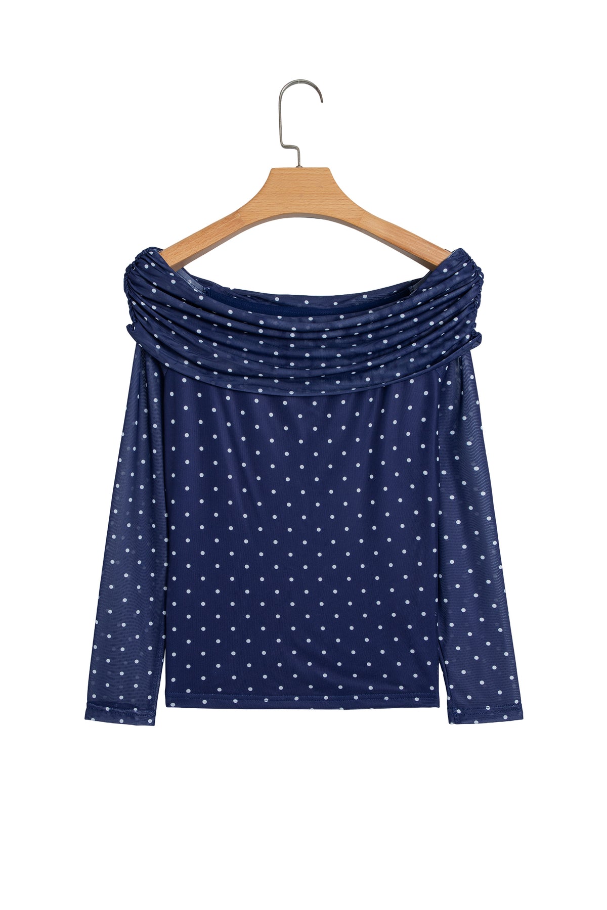 Blue Off Shoulder Polka Dot Mesh Long Sleeve Sheath Top-Tops/Long Sleeve Tops-[Adult]-[Female]-2022 Online Blue Zone Planet