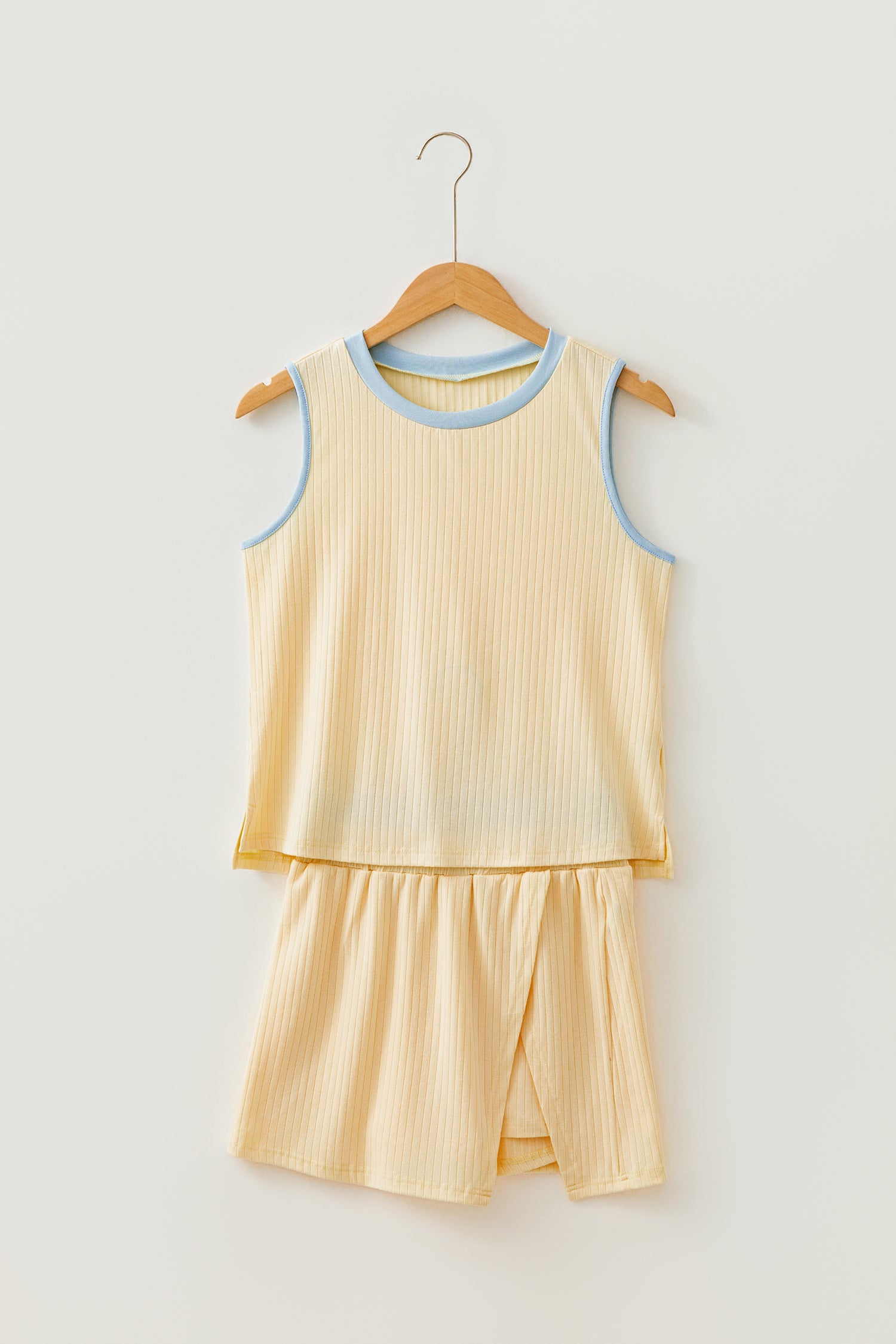 Yellow Contrast Trim Ribbed Tank Split Skort 2pcs Set-Two Piece Sets/Two Piece Dresses-[Adult]-[Female]-2022 Online Blue Zone Planet