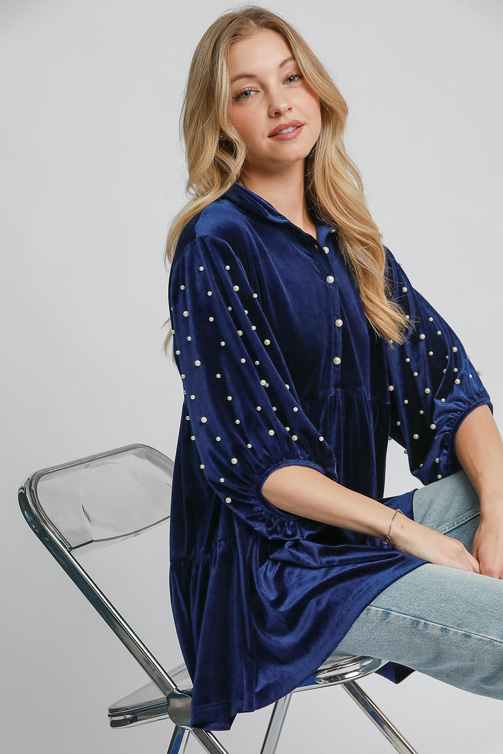 Umgee Pearl Detail Collared Neck Velvet Babydoll Blouse-TOPS / DRESSES-[Adult]-[Female]-2022 Online Blue Zone Planet