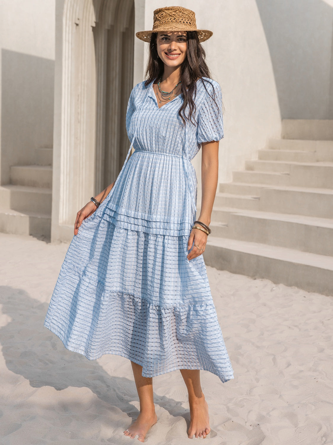 Blue Zone Planet |  Tie Neck Balloon Sleeve Tiered Dress BLUE ZONE PLANET