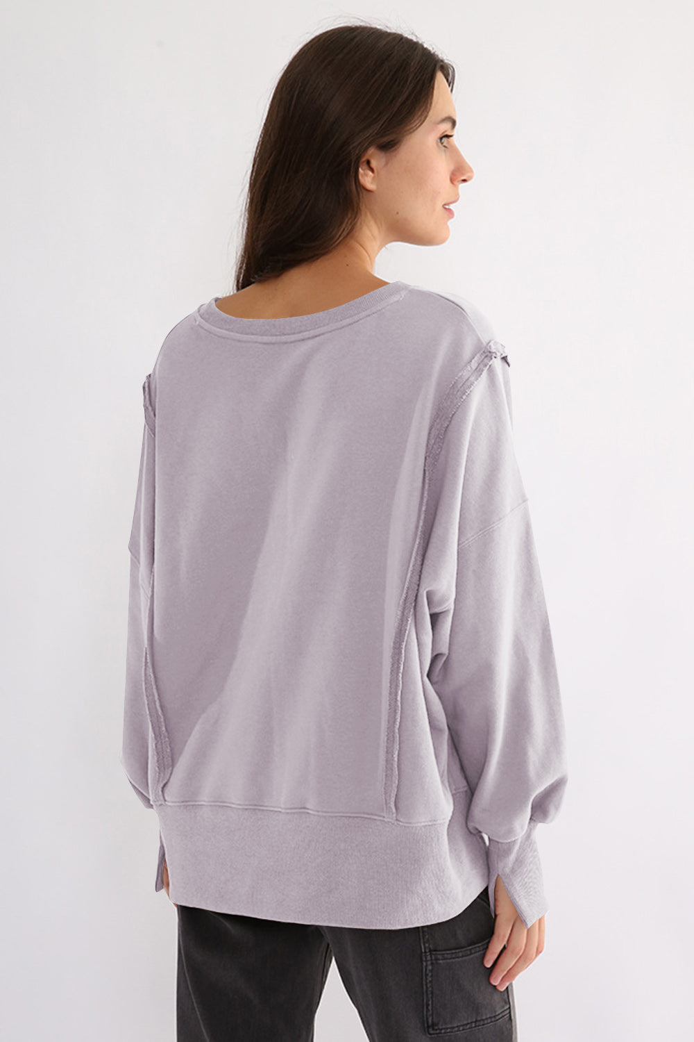 Exposed Seam High-Low Long Sleeve Sweatshirt-TOPS / DRESSES-[Adult]-[Female]-2022 Online Blue Zone Planet