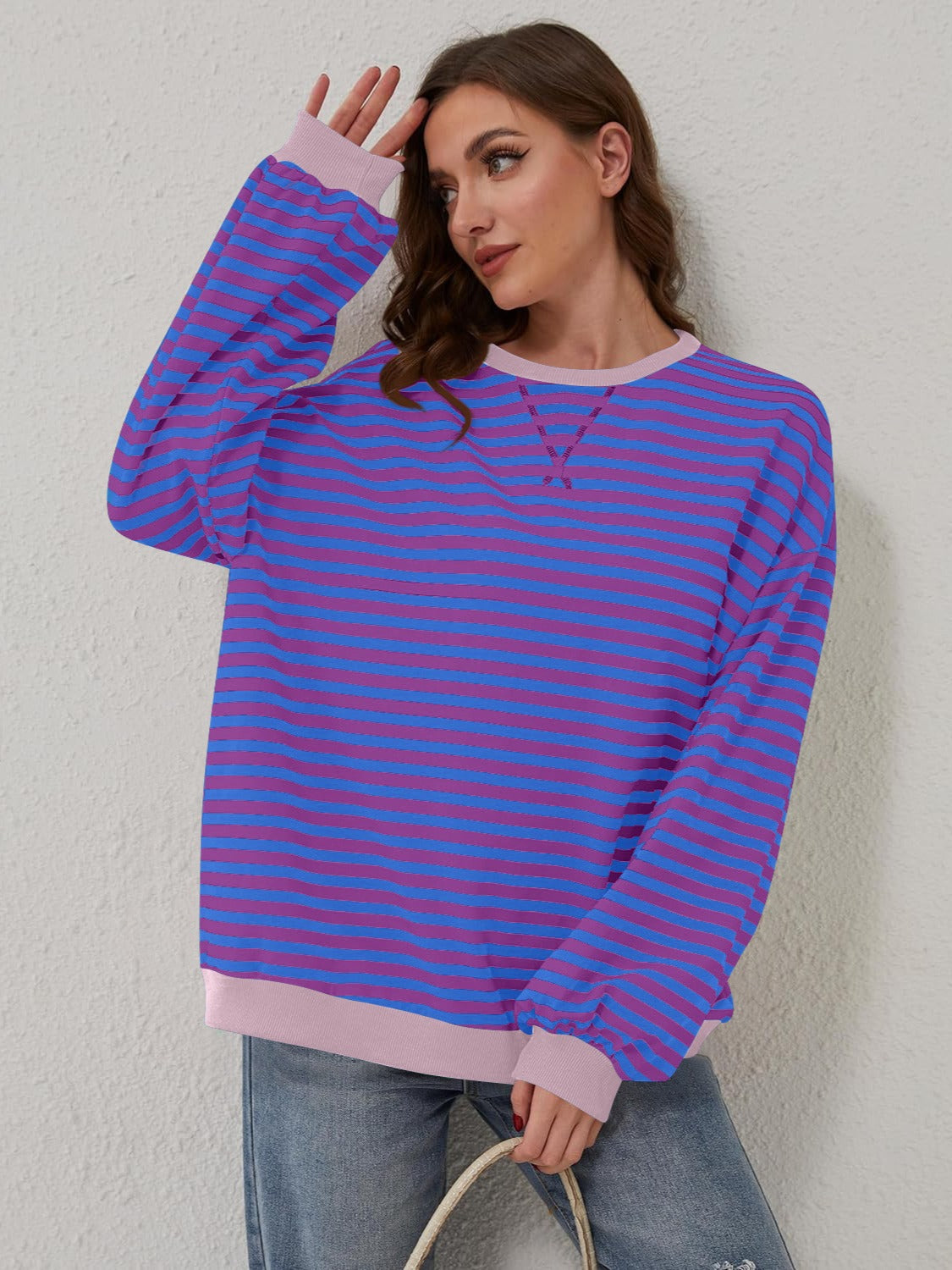 Blue Zone Planet | Lovelet Contrast Striped Long Sleeve Sweatshirt-TOPS / DRESSES-[Adult]-[Female]-2022 Online Blue Zone Planet