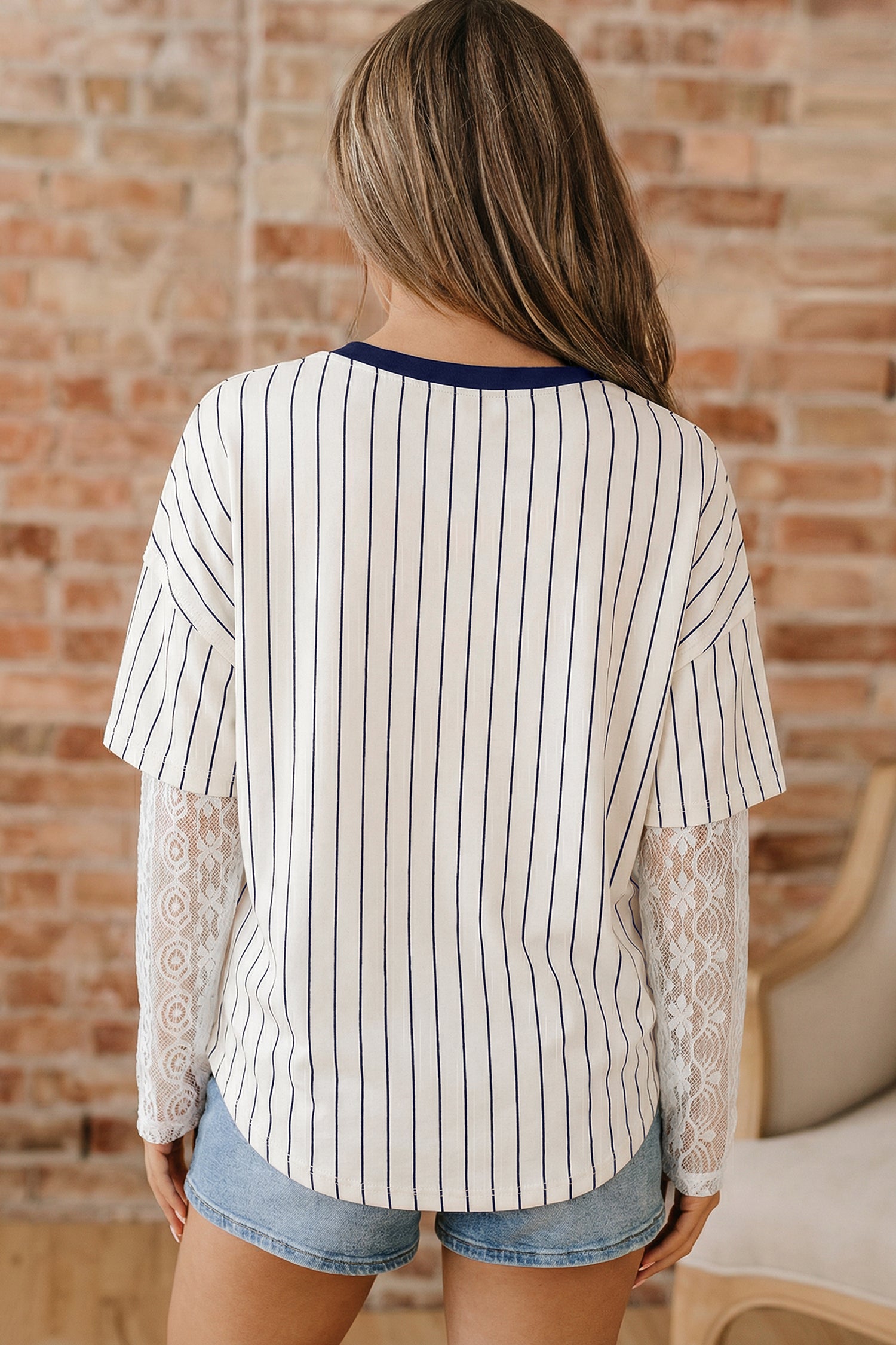 Blue Stripe 88 Los Angel Graphic Lace Patchwork Faux Two Piece V Neck Top-Tops/Long Sleeve Tops-[Adult]-[Female]-2022 Online Blue Zone Planet