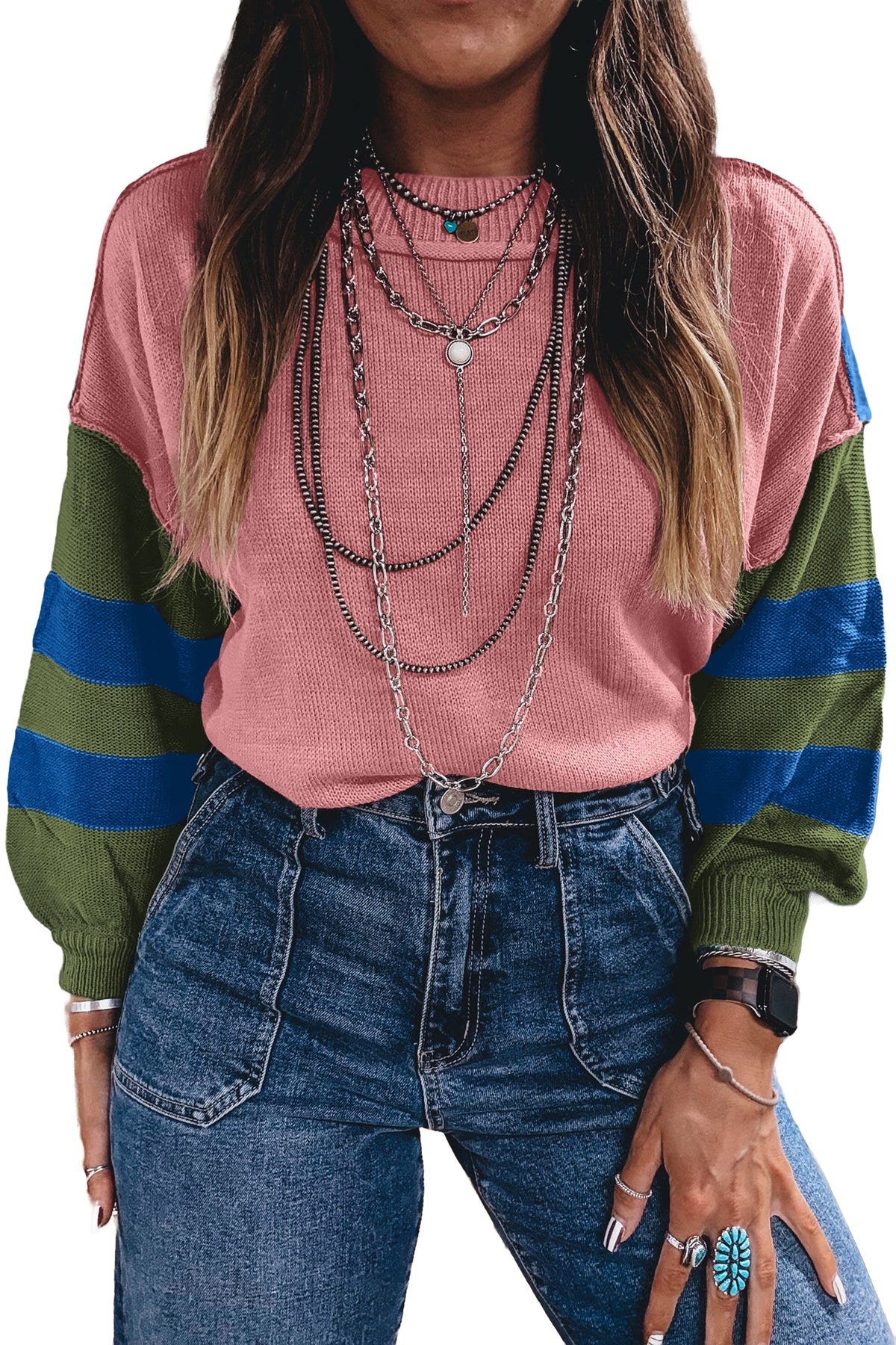 Multicolour Western Colorblock Patchwork Striped Long Sleeve Pullover Sweater-Sweaters & Cardigans/Sweaters-[Adult]-[Female]-2022 Online Blue Zone Planet