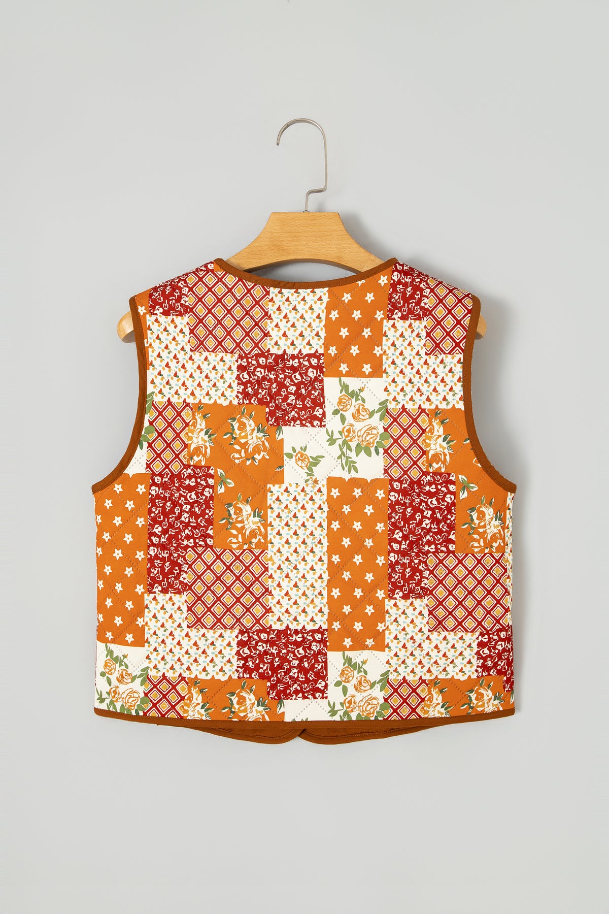 Golden Fleece Quilted Floral Patchwork Contrast Trim V Neck Button Vest-Outerwear/Vests-[Adult]-[Female]-2022 Online Blue Zone Planet