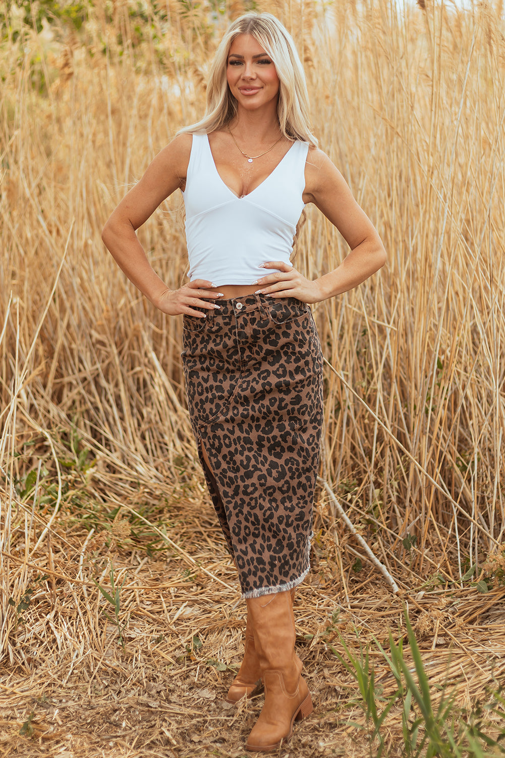 Brown Leopard Denim Frayed Split Denim Midi Skirt-Bottoms/Skirts & Petticoat-[Adult]-[Female]-2022 Online Blue Zone Planet