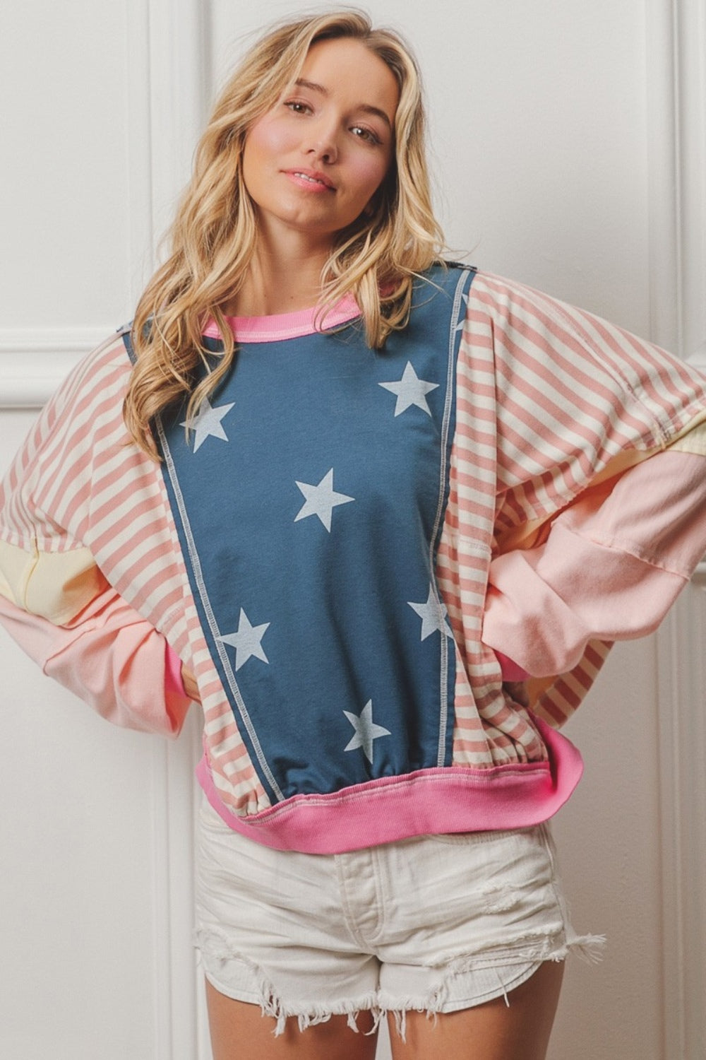 BiBi Stars and Stripes Round Neck Long Sleeve Top-TOPS / DRESSES-[Adult]-[Female]-2022 Online Blue Zone Planet