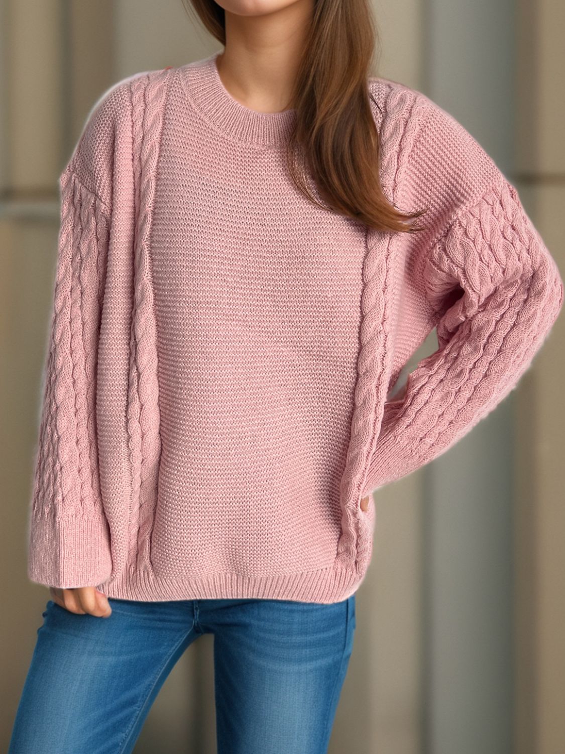 Blue Zone Planet | Cable-Knit Round Neck Long Sleeve Sweater-TOPS / DRESSES-[Adult]-[Female]-Dusty Pink-One Size-2022 Online Blue Zone Planet