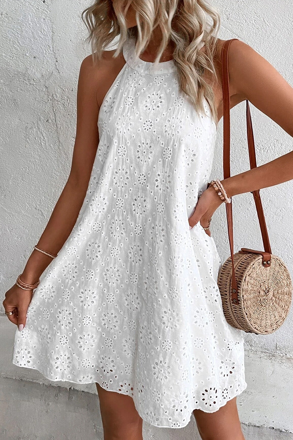 Blue Zone Planet |  White Boho Eyelet Pattern Halter Neck Sleeveless Dress Blue Zone Planet