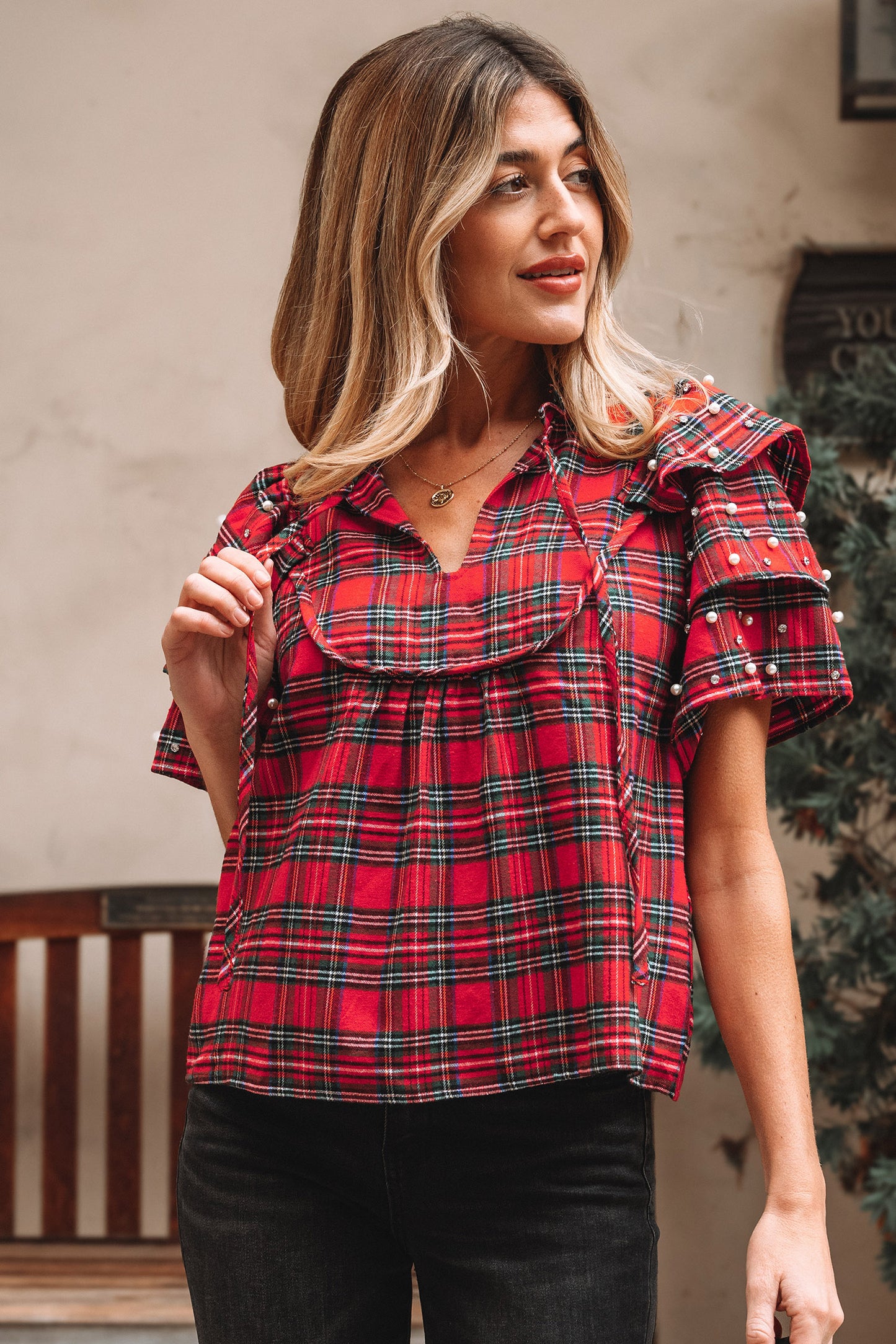 Red Festive Plaid Pearl Embellished Ruffle Short Sleeve Blouse-Tops/Blouses & Shirts-[Adult]-[Female]-2022 Online Blue Zone Planet