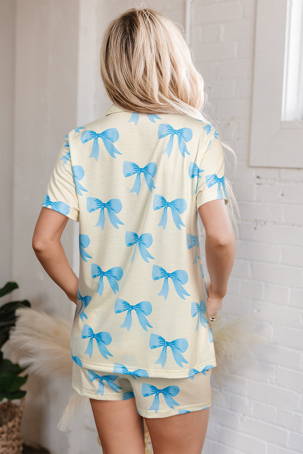 Blue Zone Planet | Yellow Bow Printed Short Sleeve Shirt Shorts Pajama Set-Loungewear & Sleepwear/Sleepwear-[Adult]-[Female]-2022 Online Blue Zone Planet