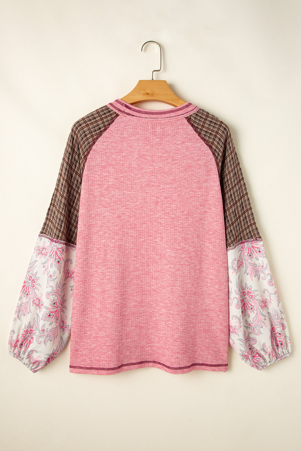 Blue Zone Planet | Fushia Floral Plaid Mixed Print Patchwork Raglan Ribbed Top-Long Sleeve Tops-[Adult]-[Female]-2022 Online Blue Zone Planet