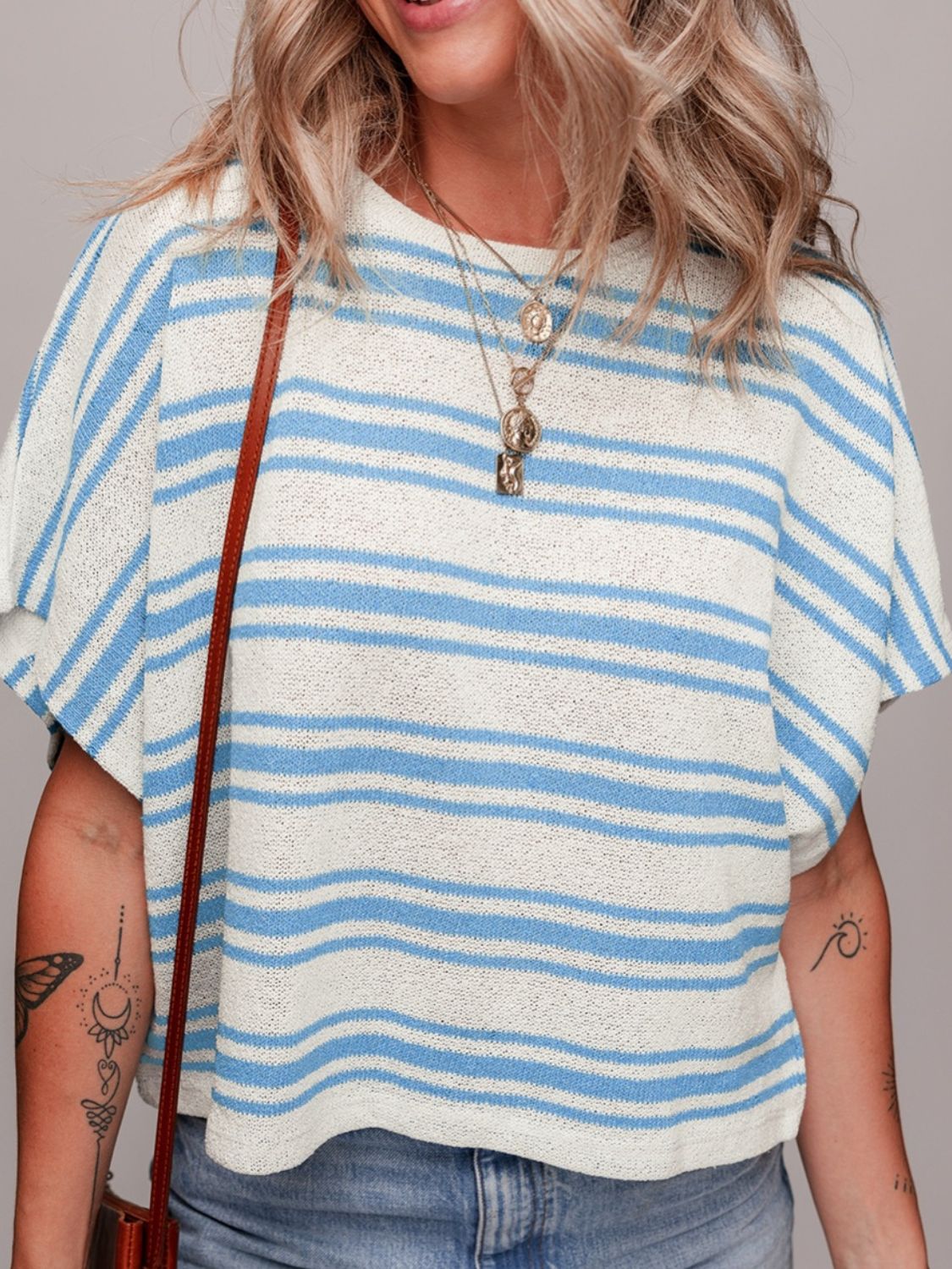 Stripe Round Neck Half Sleeve Knit Top-TOPS / DRESSES-[Adult]-[Female]-2022 Online Blue Zone Planet