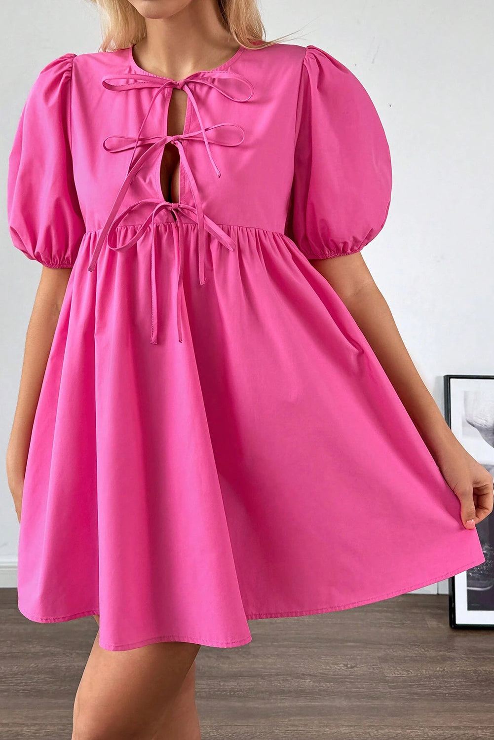 Bright Pink Tie Front Puff Sleeve Mini Dress-Short Dresses-[Adult]-[Female]-2022 Online Blue Zone Planet