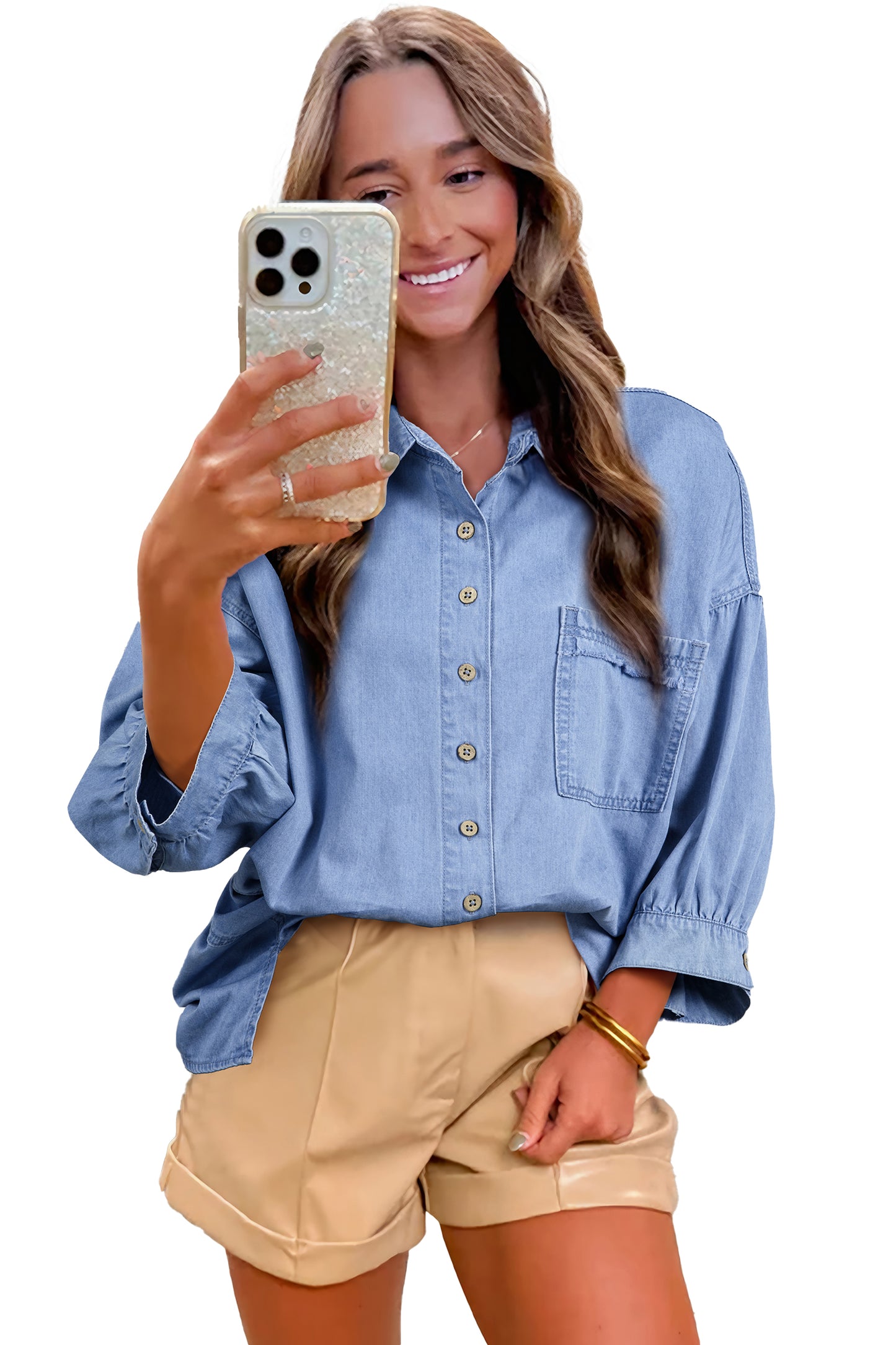 Myosotis Washed Drop Shoulder Bracelet Sleeve Chambray Shirt-Tops/Blouses & Shirts-[Adult]-[Female]-2022 Online Blue Zone Planet