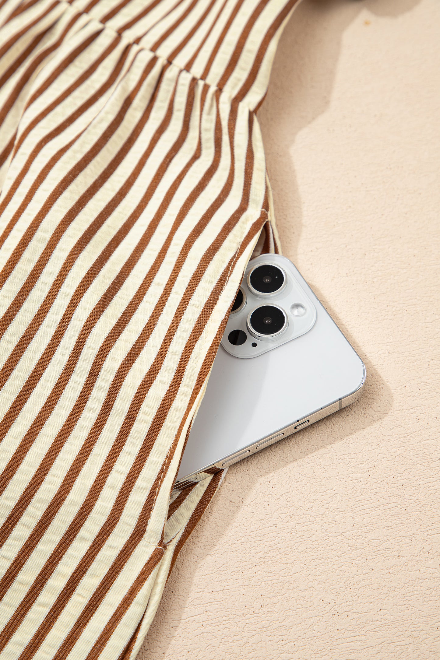 Brown Stripe Double Ruffled Short Sleeve Contrast Trim V Neck Midi Dress-TOPS / DRESSES-[Adult]-[Female]-2022 Online Blue Zone Planet