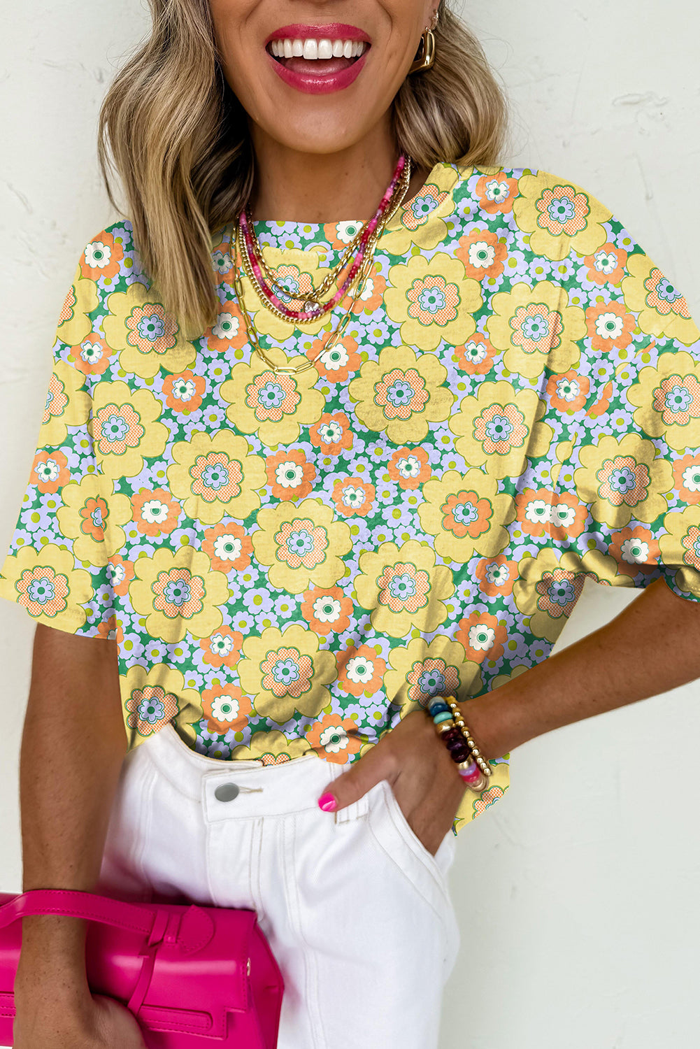 Yellow Summer Flower Printed Drop Shoulder Loose T Shirt-Tops/Tops & Tees-[Adult]-[Female]-Yellow-S-2022 Online Blue Zone Planet