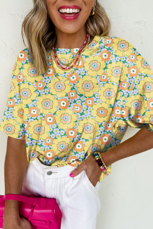 Yellow Summer Flower Printed Drop Shoulder Loose T Shirt-Tops/Tops & Tees-[Adult]-[Female]-Yellow-S-2022 Online Blue Zone Planet