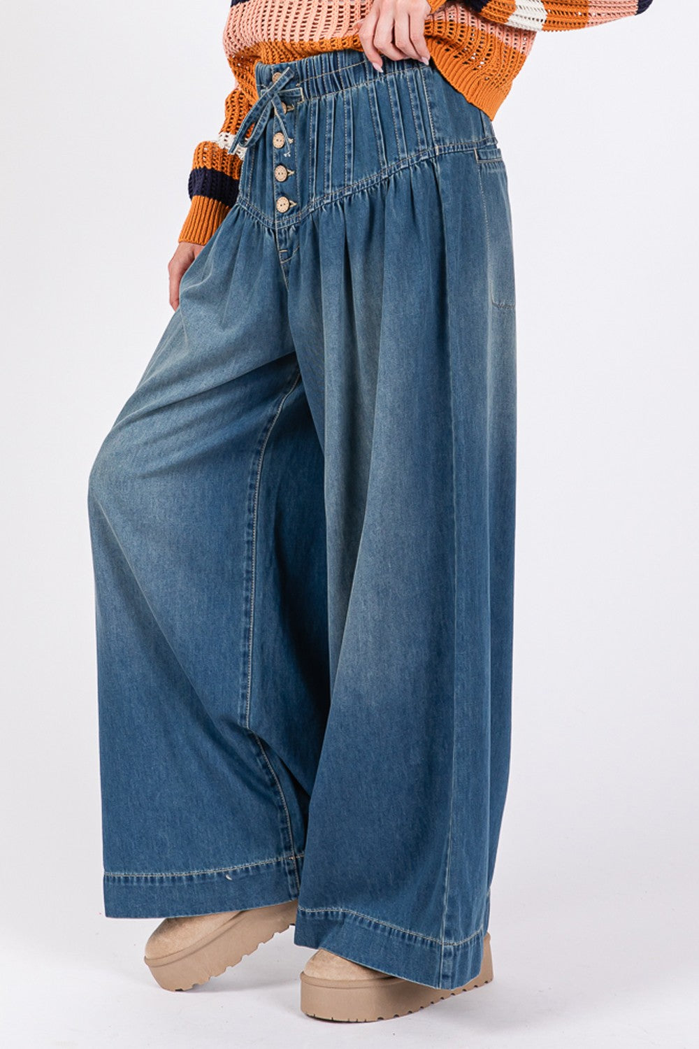 SAGE+FIG Smocked Waist Band Wide Leg Jeans-BOTTOMS SIZES SMALL MEDIUM LARGE-[Adult]-[Female]-2022 Online Blue Zone Planet