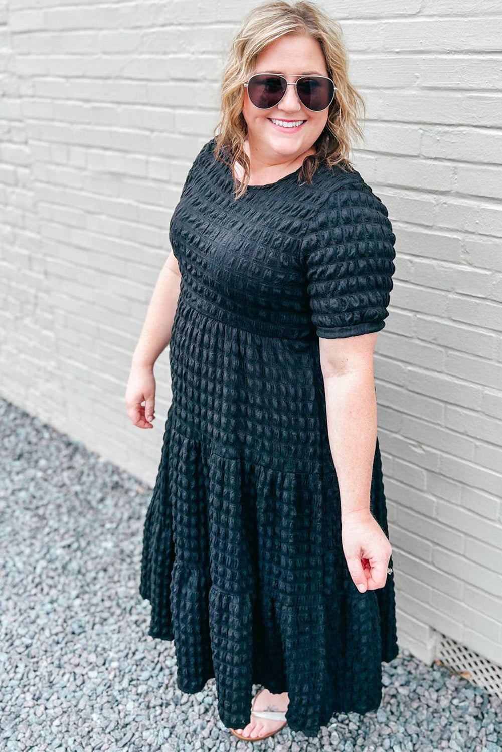 Black Plus Size Textured Tiered Short Sleeve Maxi Dress-TOPS / DRESSES-[Adult]-[Female]-2022 Online Blue Zone Planet