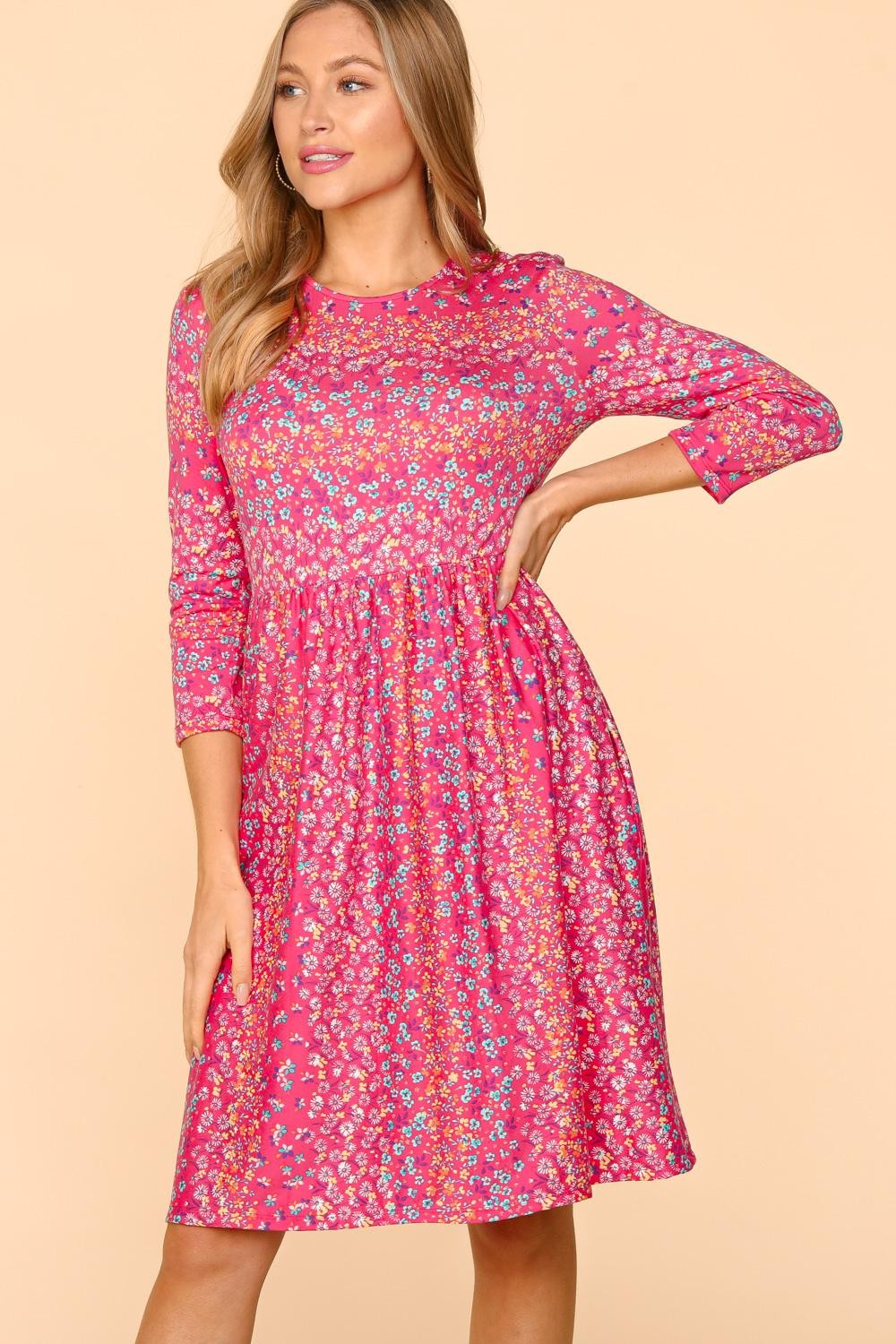 Haptics Round Neck Floral Dress with Pockets-TOPS / DRESSES-[Adult]-[Female]-Fuchsia-S-2022 Online Blue Zone Planet