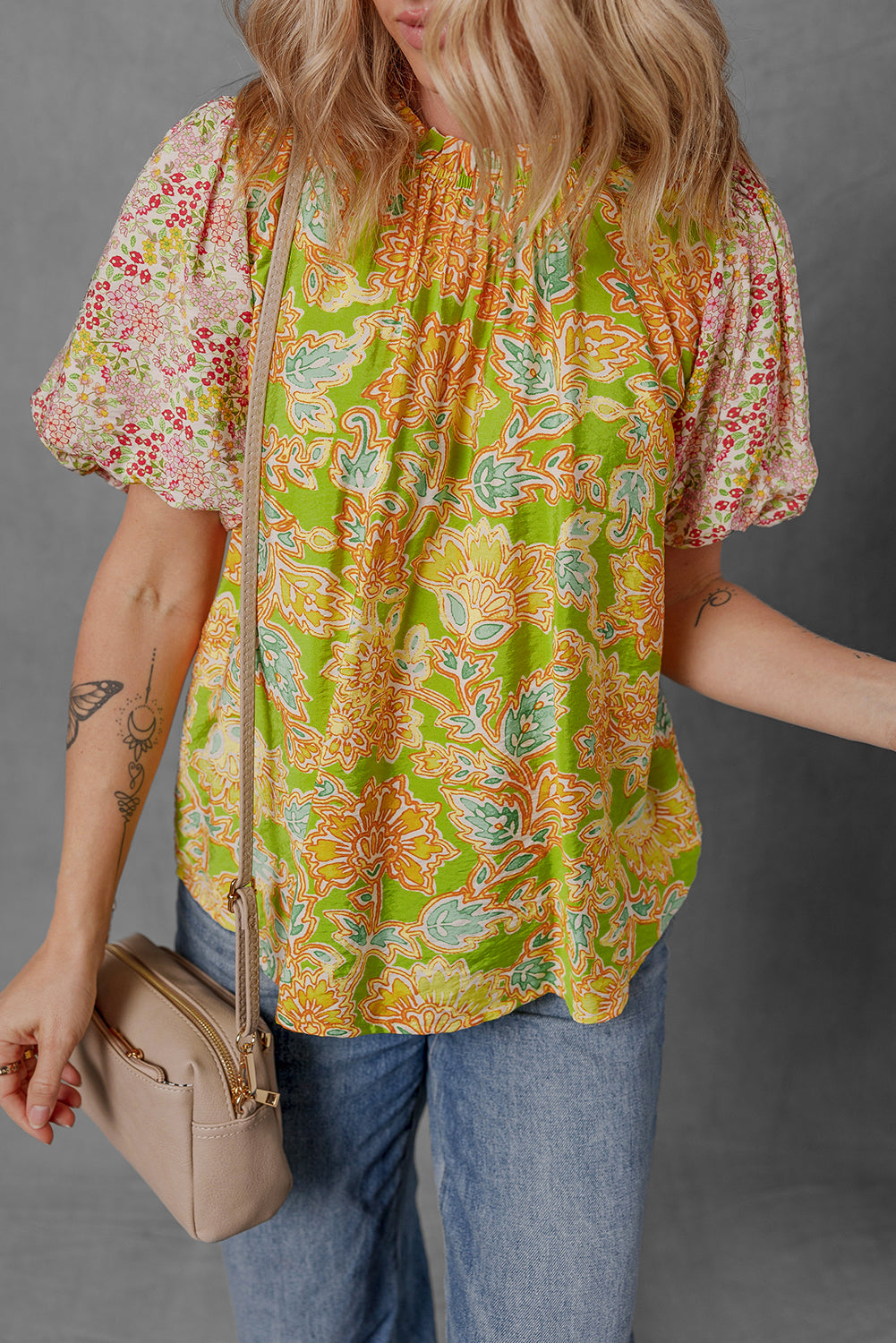 Multicolour Printed Contrast Bubble Sleeve Patchwork Blouse-Tops/Blouses & Shirts-[Adult]-[Female]-2022 Online Blue Zone Planet