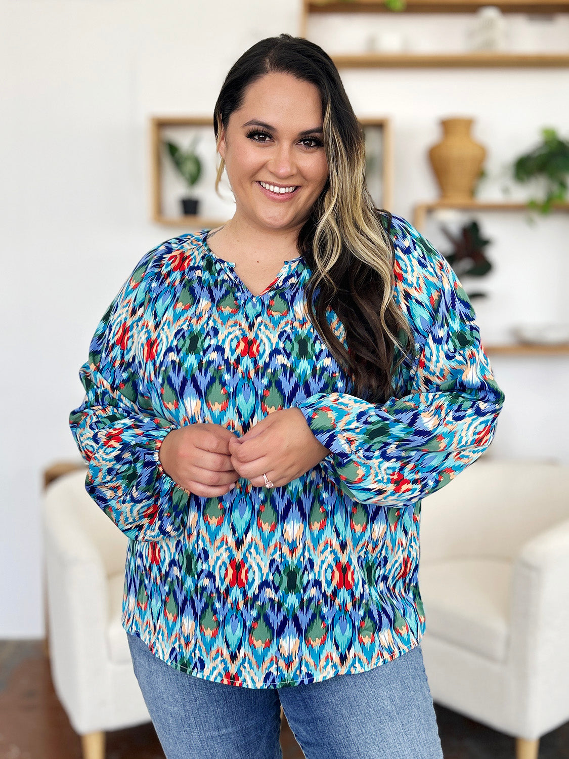 Blue Zone Planet | Double Take Full Size Printed Balloon Sleeve Blouse-TOPS / DRESSES-[Adult]-[Female]-2022 Online Blue Zone Planet