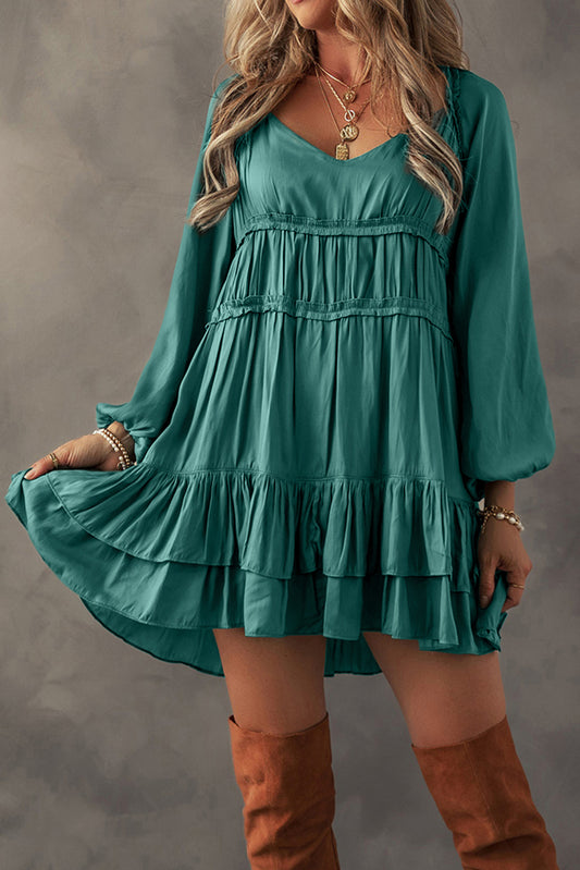 Mist Green Puff Sleeve Loose Fit Tiered Ruffle Mini Dress-Short Dresses-[Adult]-[Female]-Mist Green-S-2022 Online Blue Zone Planet