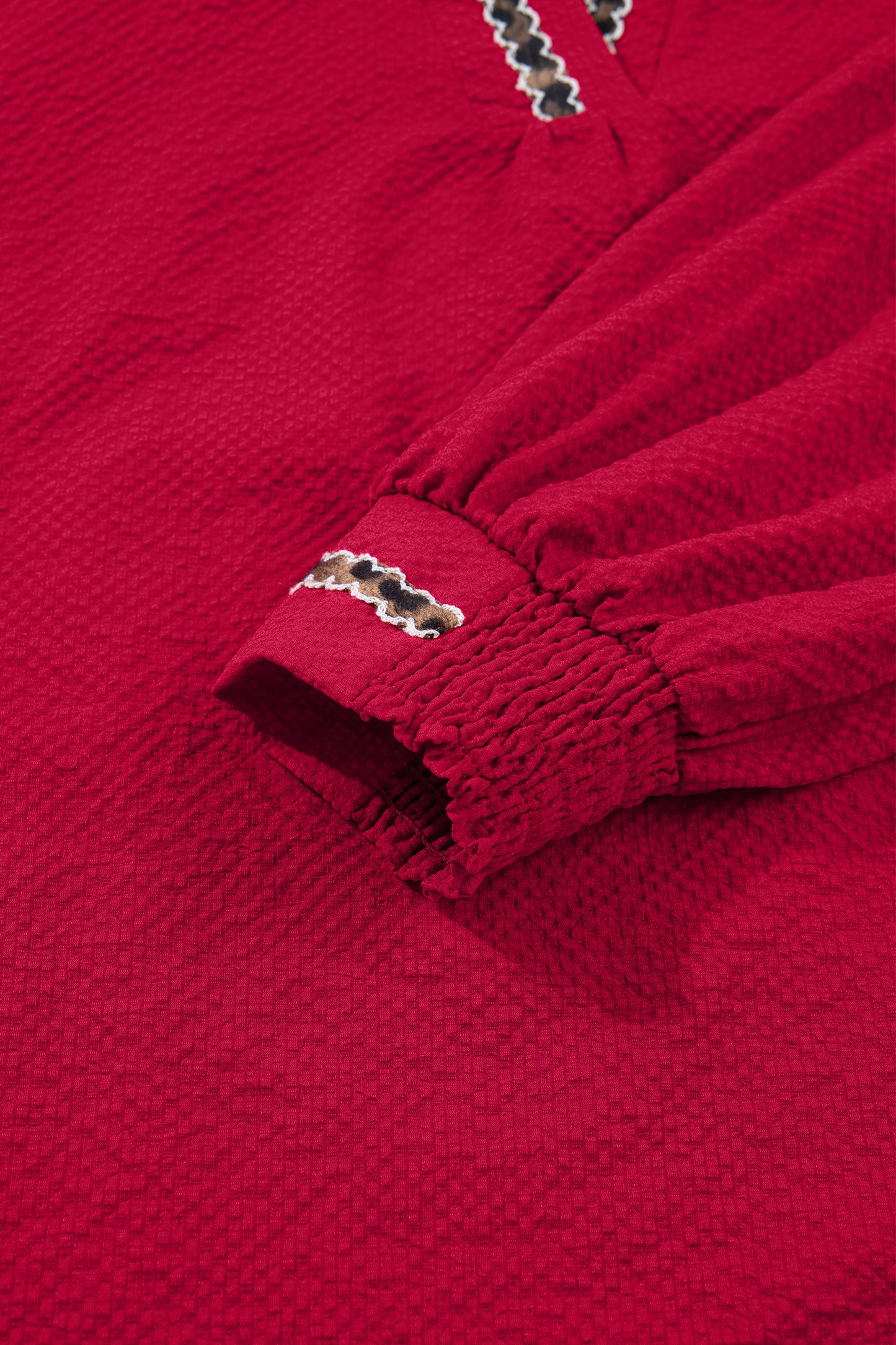 Racing Red Leopard Jacquard Print V Neck Textured Blouse-Tops/Blouses & Shirts-[Adult]-[Female]-2022 Online Blue Zone Planet