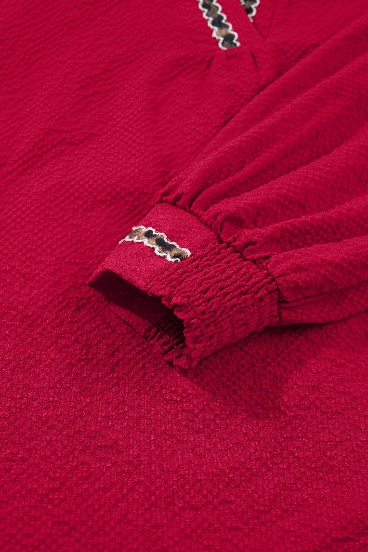 Racing Red Leopard Jacquard Print V Neck Textured Blouse-Tops/Blouses & Shirts-[Adult]-[Female]-2022 Online Blue Zone Planet