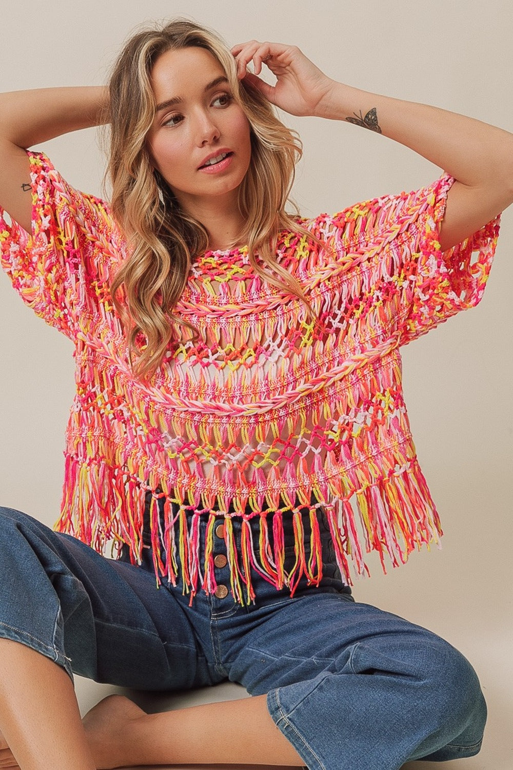 BiBi Openwork Fringed Knit Cover Up-TOPS / DRESSES-[Adult]-[Female]-Neon Multi-S-2022 Online Blue Zone Planet