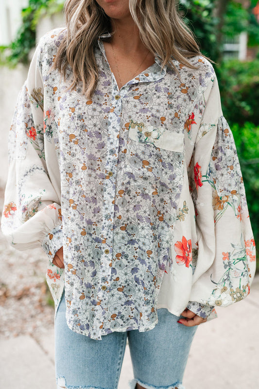 Blue Zone Planet | Purple Boho Floral Bishop Sleeve Button Up Loose Shirt-Tops/Blouses & Shirts-[Adult]-[Female]-Purple-S-2022 Online Blue Zone Planet