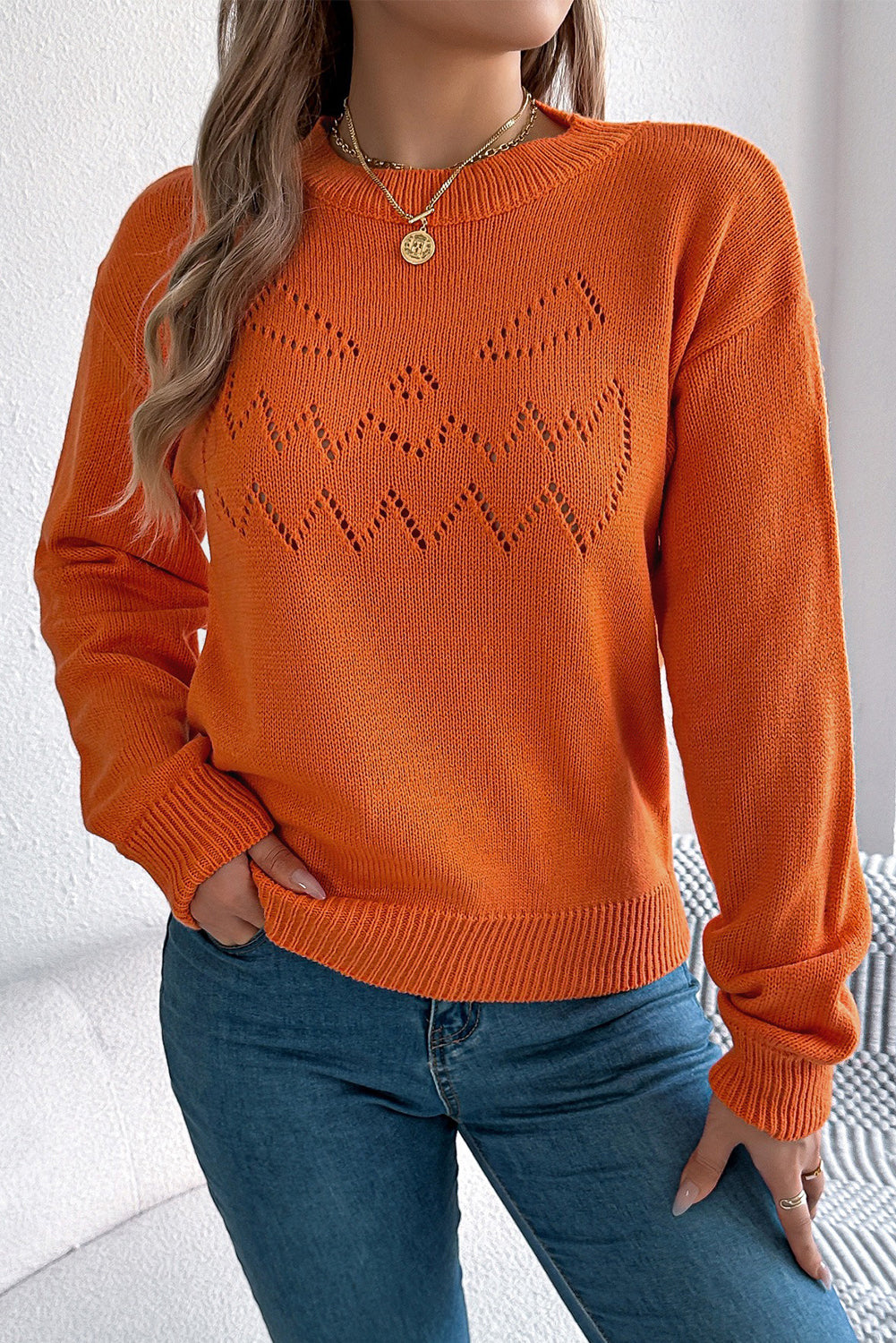 Flamingo Halloween Spooky Face Hollowed Pattern Casual Sweater-TOPS / DRESSES-[Adult]-[Female]-2022 Online Blue Zone Planet
