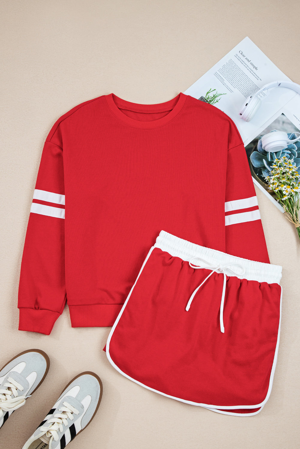 Evergreen Varsity Stripe Detail Drop Shoulder Pullover Mini Skirt Set-Two Piece Sets/Two Piece Dresses-[Adult]-[Female]-2022 Online Blue Zone Planet