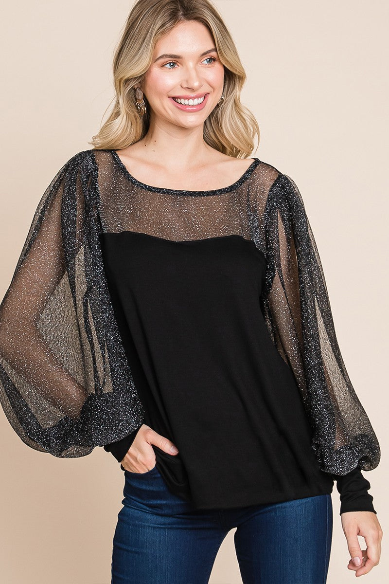 Super Lady Full Size Metallic Mesh Lantern Sleeve Blouse-TOPS / DRESSES-[Adult]-[Female]-Black-S-2022 Online Blue Zone Planet