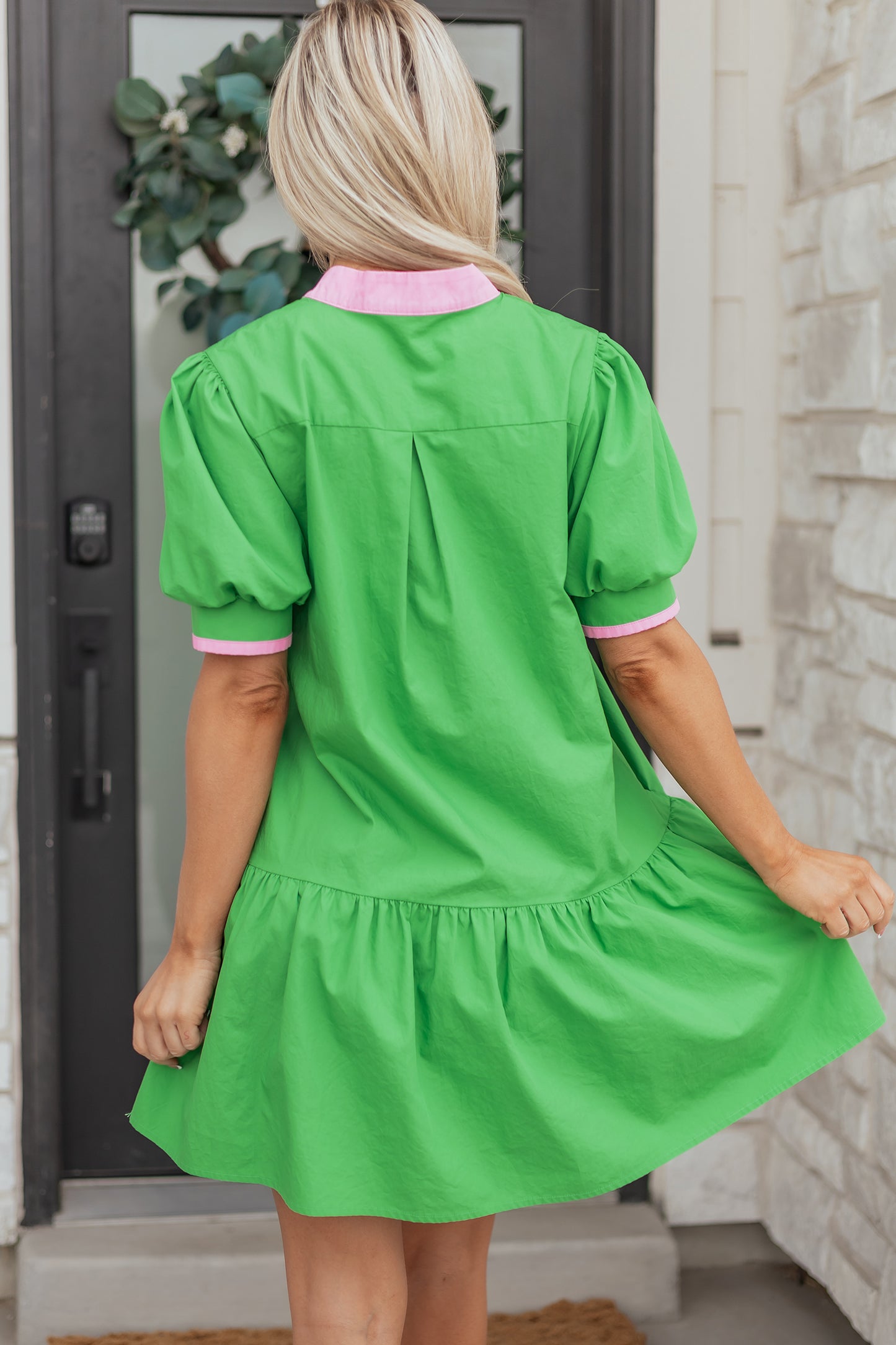 Bright Green Color Block Detail Split Neck Short Puff Sleeve Ruffle Hem Mini Dress-TOPS / DRESSES-[Adult]-[Female]-2022 Online Blue Zone Planet