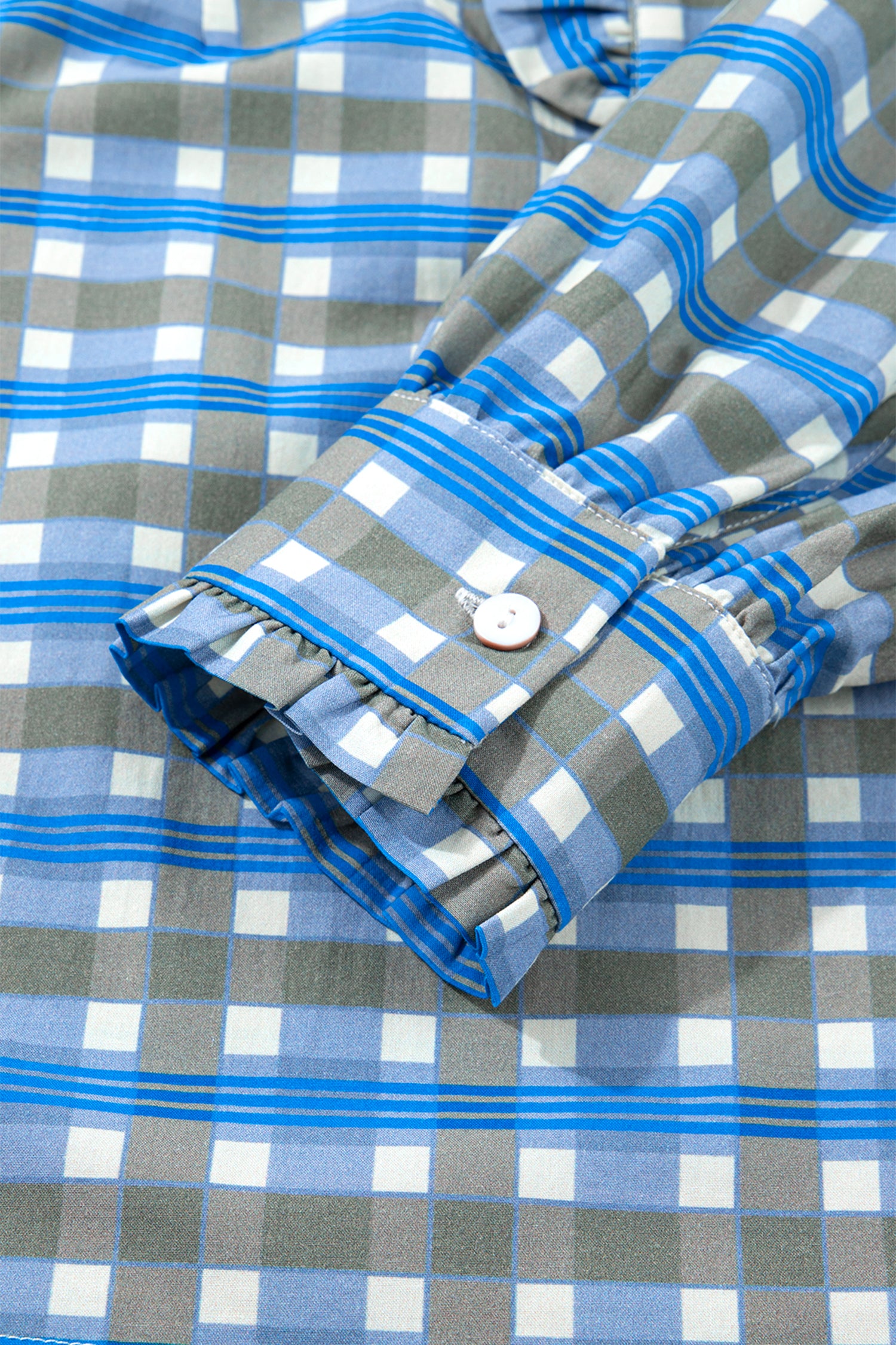 Sky Blue Plaid Long Sleeve Frilled Detail Half Button Blouse-Tops/Blouses & Shirts-[Adult]-[Female]-2022 Online Blue Zone Planet
