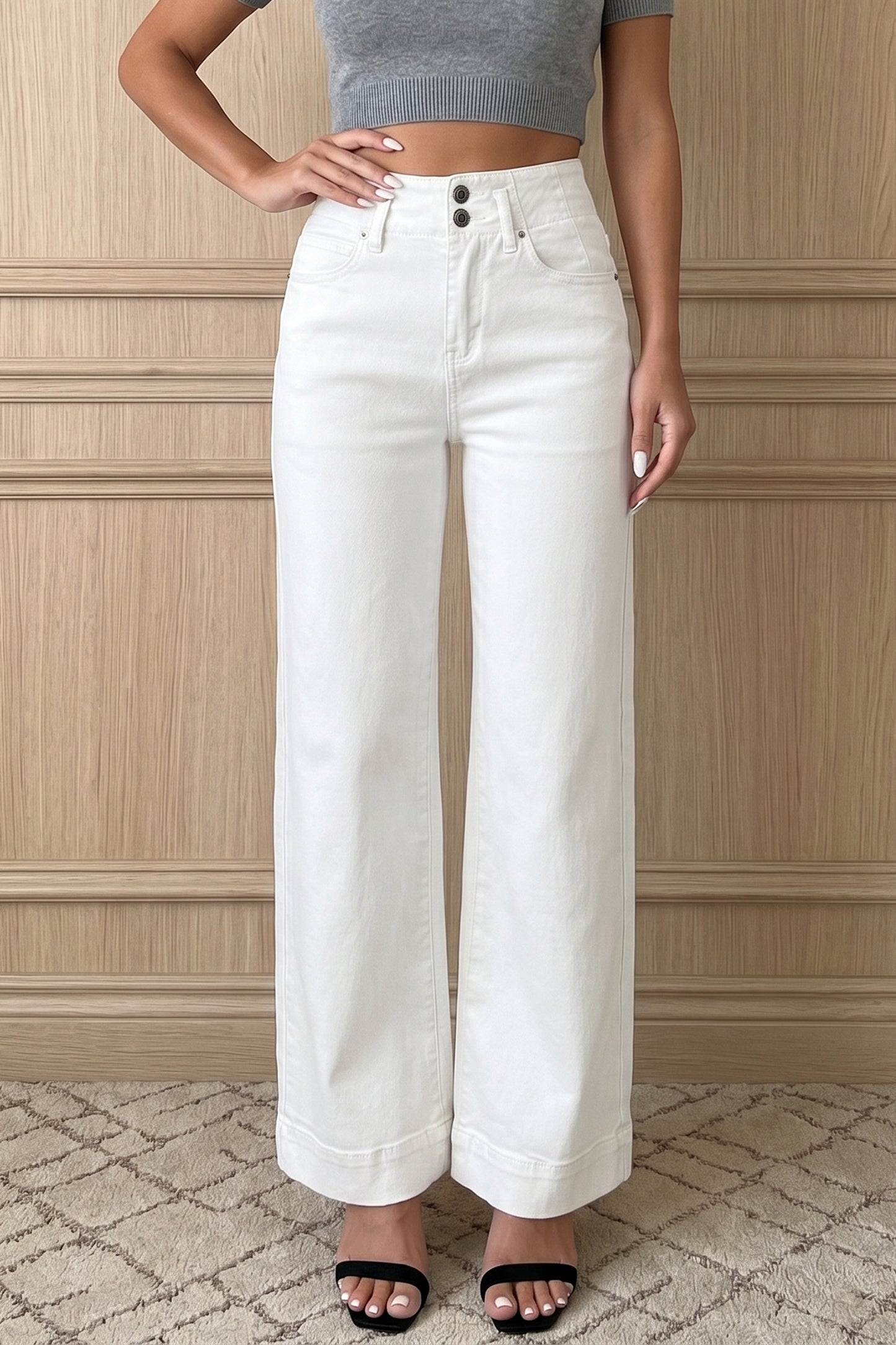 White 2-Button High Waist Wide Leg Jeans-Bottoms/Jeans-[Adult]-[Female]-White-4-2022 Online Blue Zone Planet