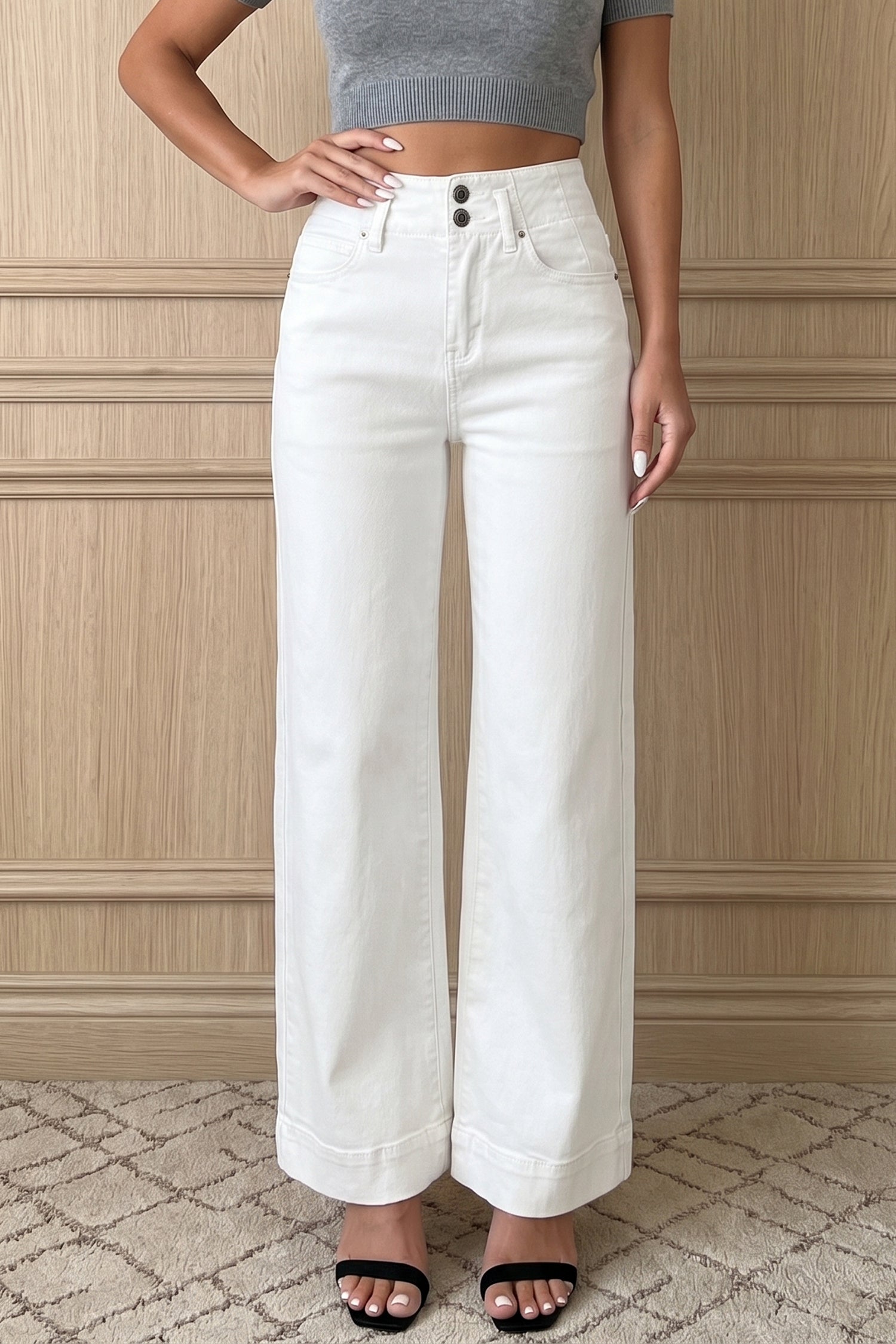 White 2-Button High Waist Wide Leg Jeans-Bottoms/Jeans-[Adult]-[Female]-White-4-2022 Online Blue Zone Planet