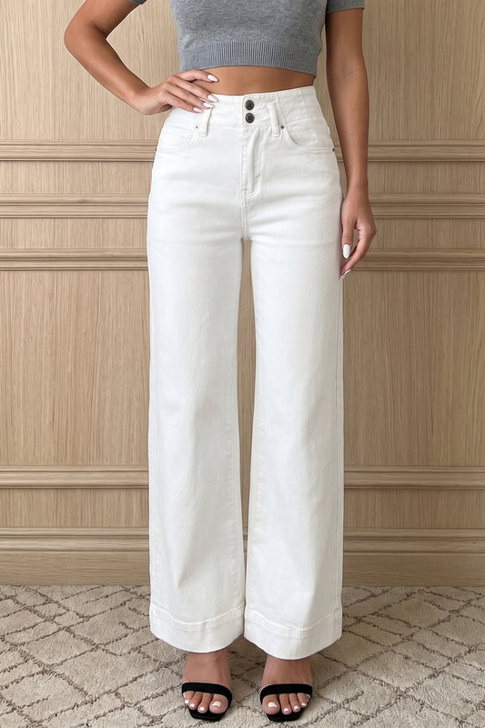 White 2-Button High Waist Wide Leg Jeans-Bottoms/Jeans-[Adult]-[Female]-White-4-2022 Online Blue Zone Planet