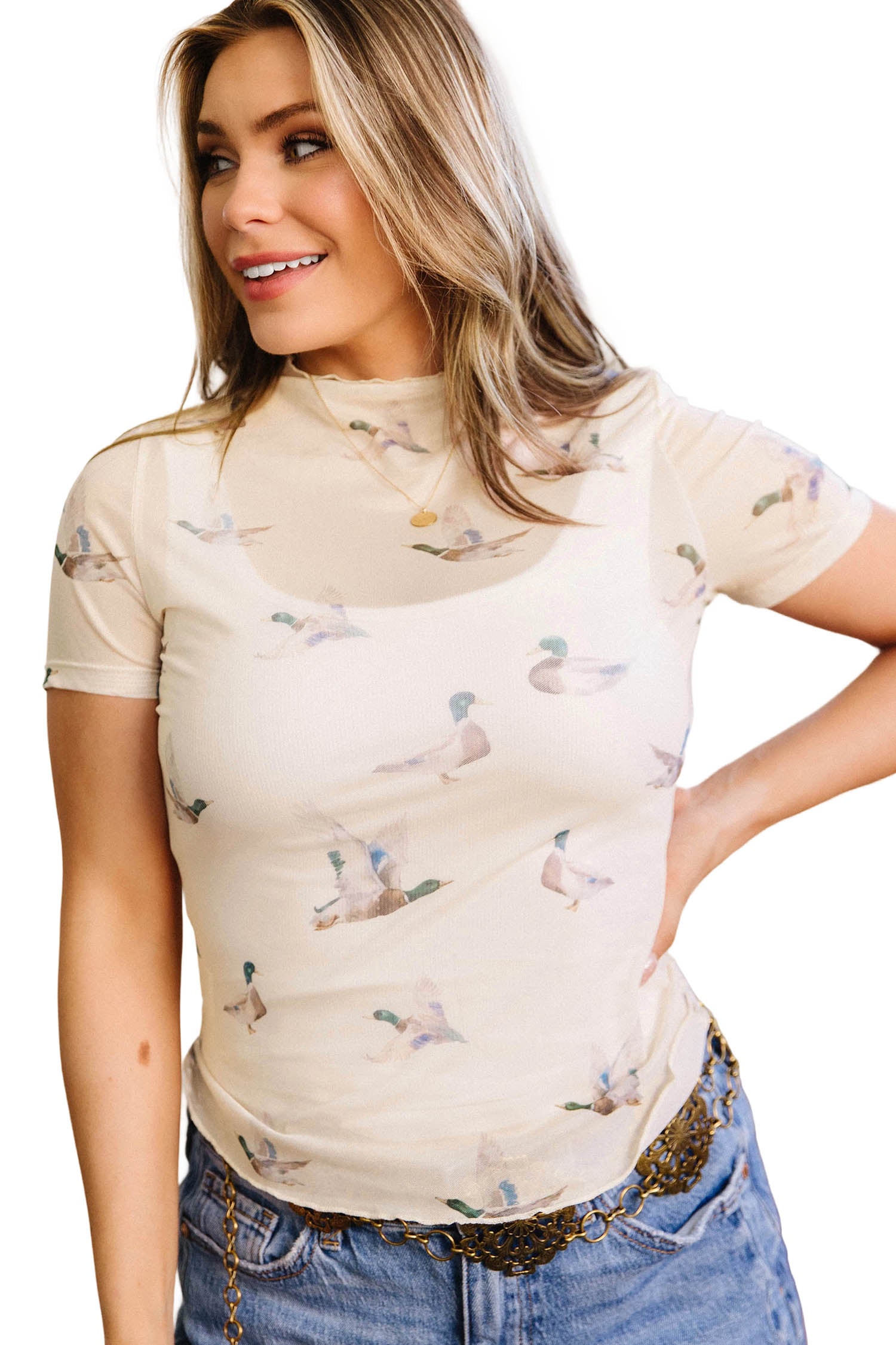 Beige Mallard Sheer Mesh Short Sleeve Top-Tops/Tops & Tees-[Adult]-[Female]-2022 Online Blue Zone Planet