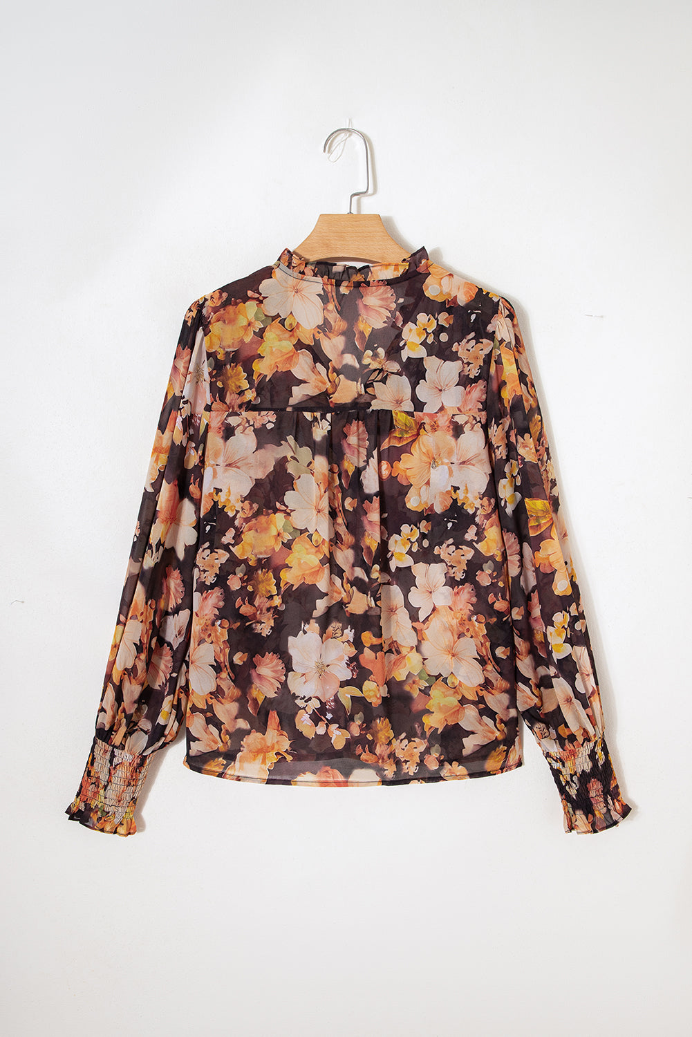 Black Floral V Neck Long Puff Sleeve Breezy Blouse-Tops/Blouses & Shirts-[Adult]-[Female]-2022 Online Blue Zone Planet