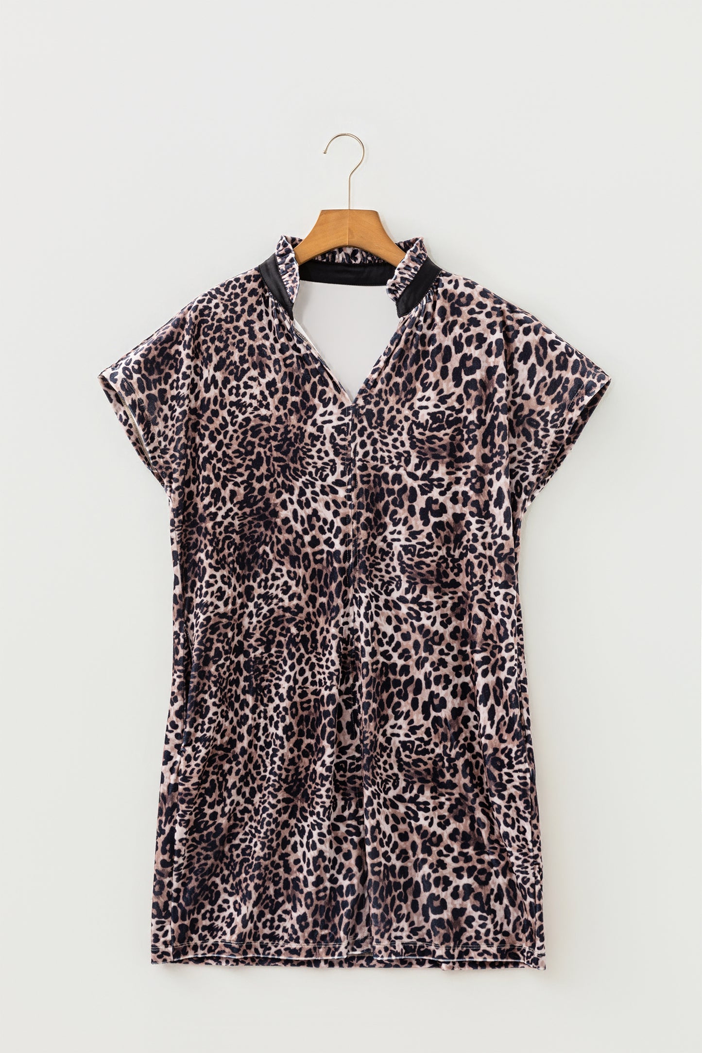 Brown Leopard Print Short Sleeve Mini Shift Silhouette Dress-TOPS / DRESSES-[Adult]-[Female]-2022 Online Blue Zone Planet