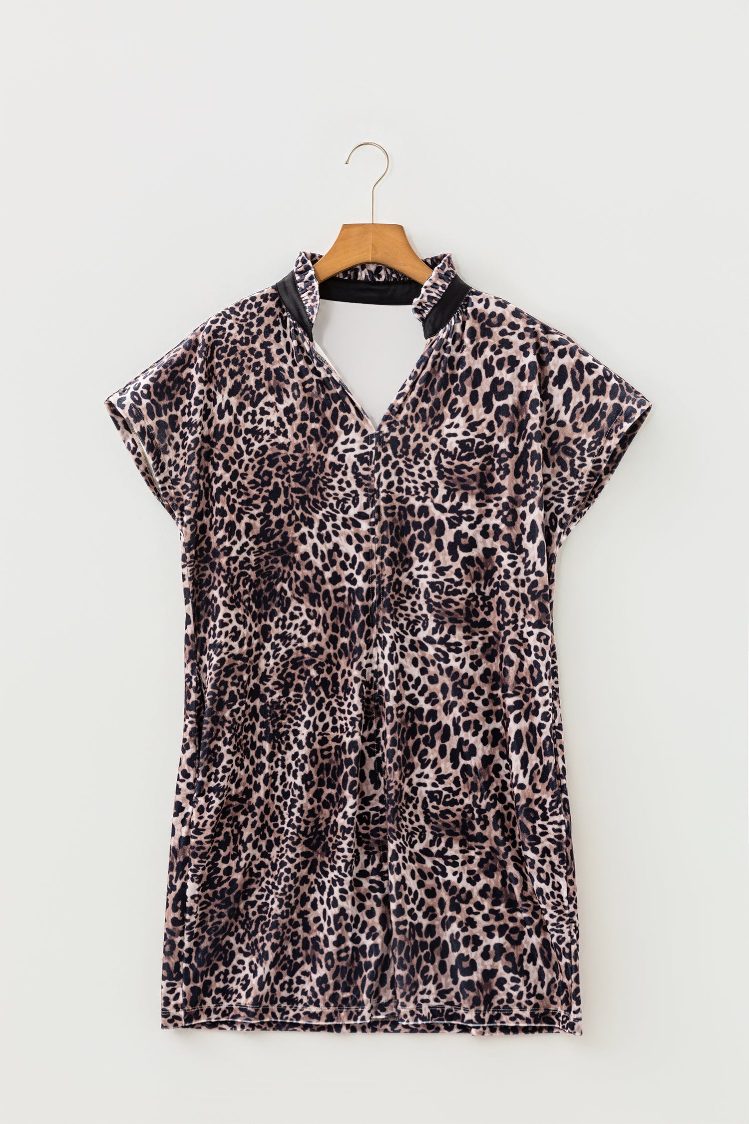 Brown Leopard Print Short Sleeve Mini Shift Silhouette Dress-TOPS / DRESSES-[Adult]-[Female]-2022 Online Blue Zone Planet