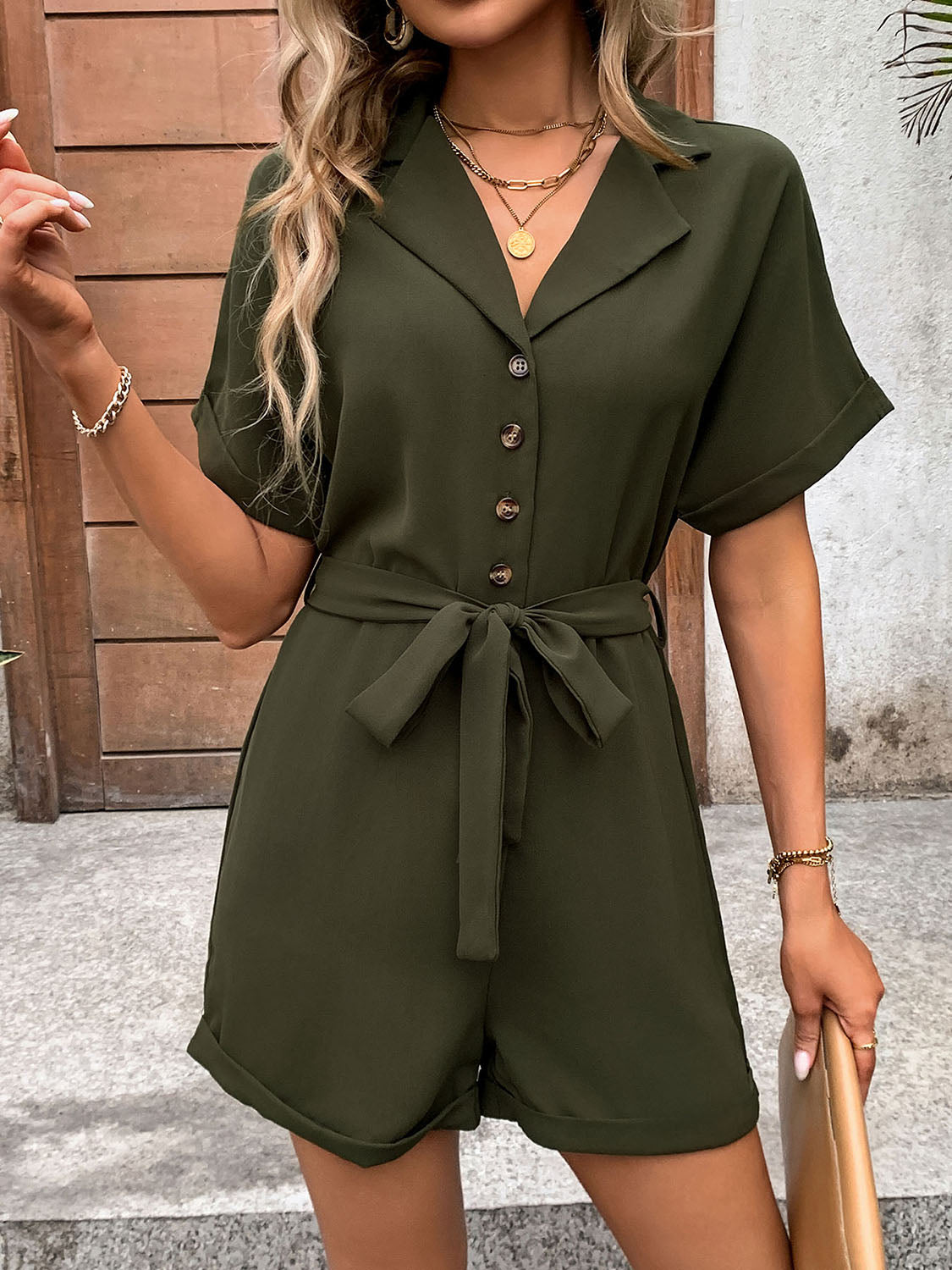 Perfee Half Button Tie Waist Short Sleeve Romper-TOPS / DRESSES-[Adult]-[Female]-2022 Online Blue Zone Planet