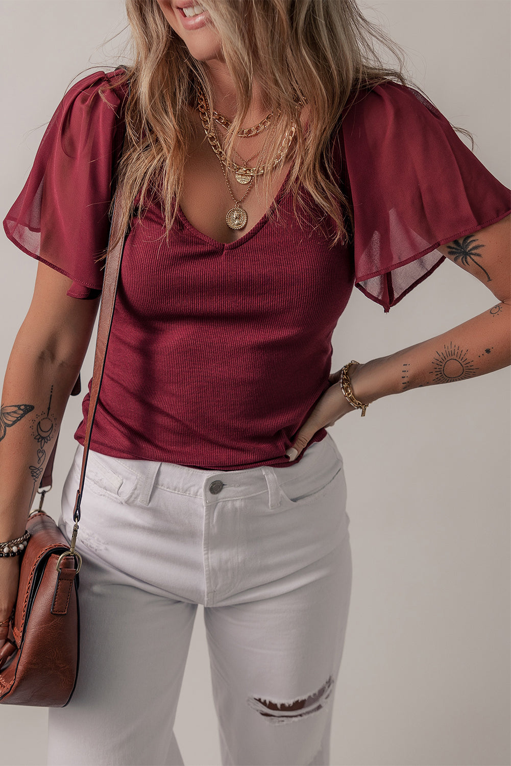 Red Dahlia Mesh Ruffled Sleeve Slim Fit V Neck Top-Tops/Blouses & Shirts-[Adult]-[Female]-2022 Online Blue Zone Planet